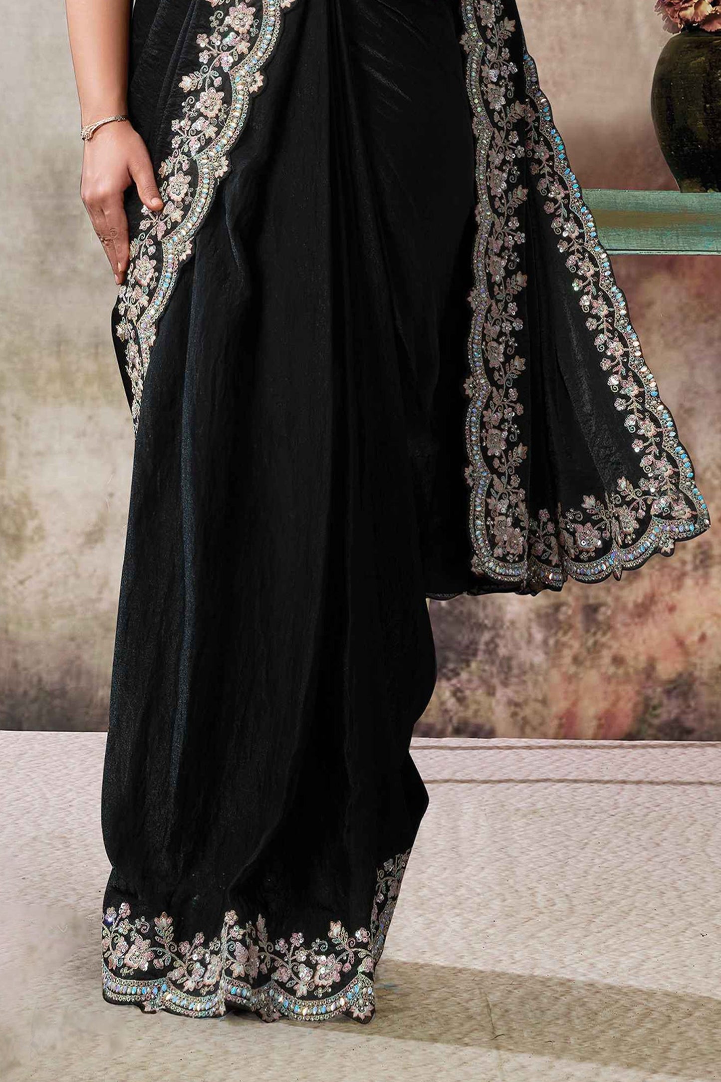 Black Satin Silk Readymade Saree with Stitched Blouse-SAR12110_4_SareeButa.com
