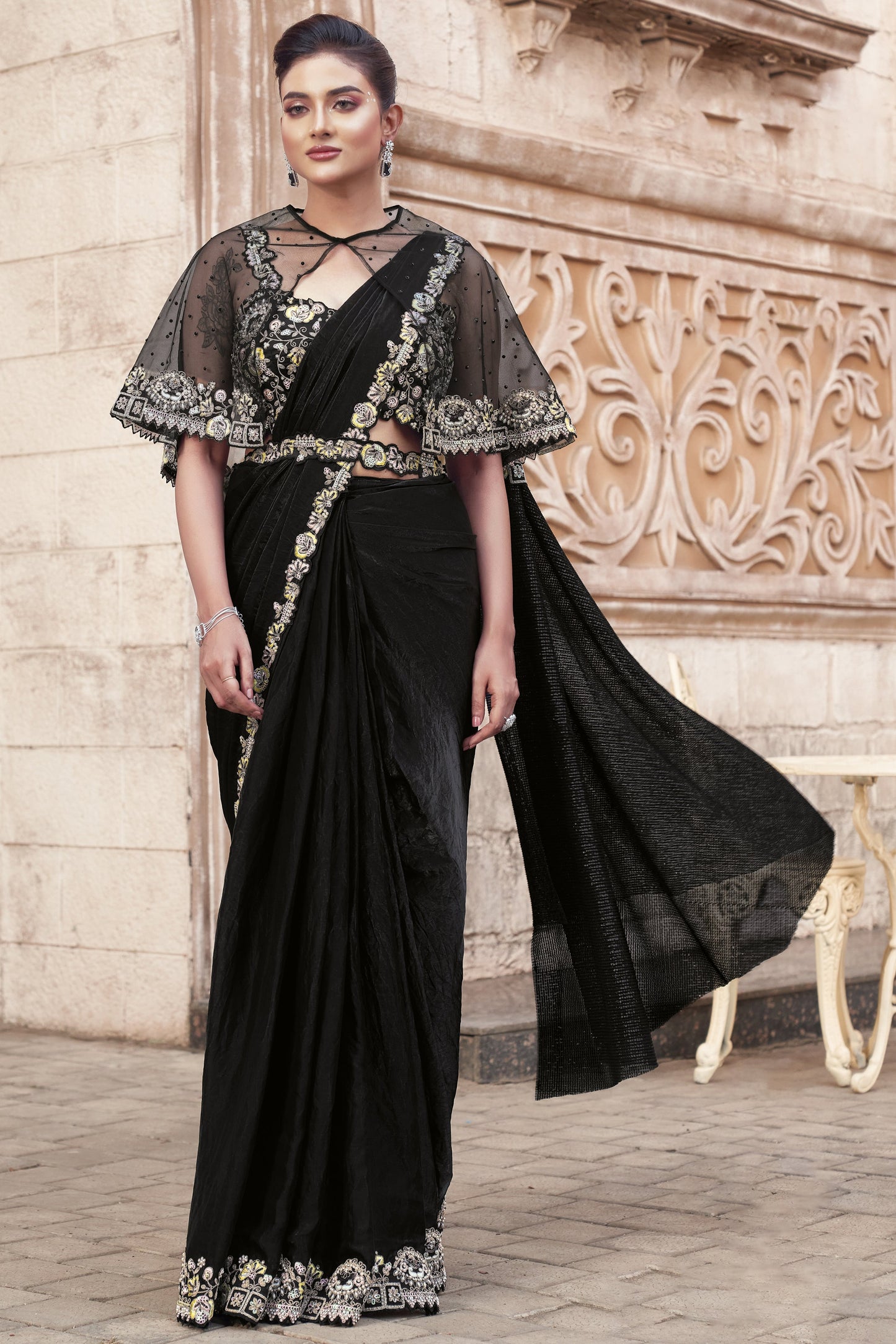 Black Satin Silk Readymade Saree with Stitched Blouse-ZB134308_1_SareeButa.com