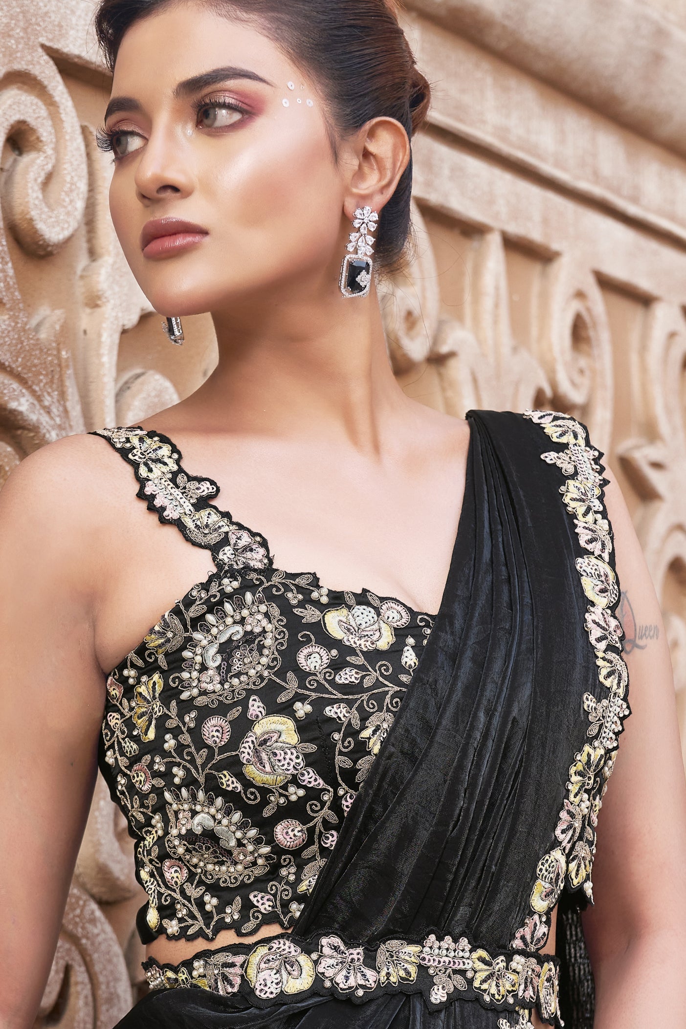 Black Satin Silk Readymade Saree with Stitched Blouse-ZB134308_2_SareeButa.com