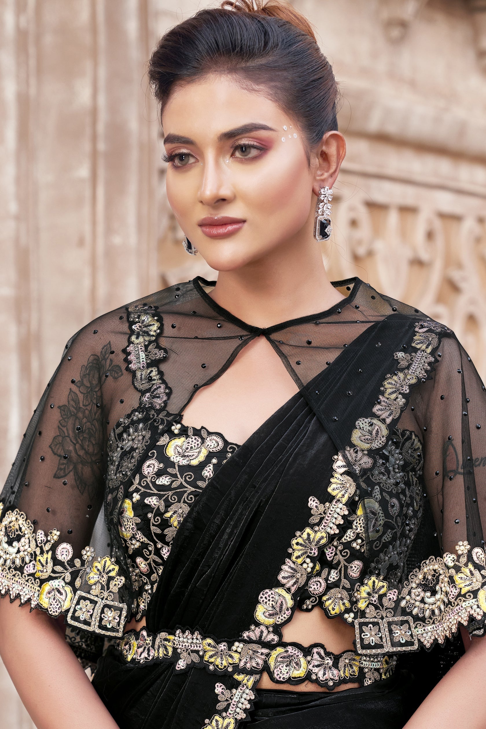 Black Satin Silk Readymade Saree with Stitched Blouse-ZB134308_3_SareeButa.com