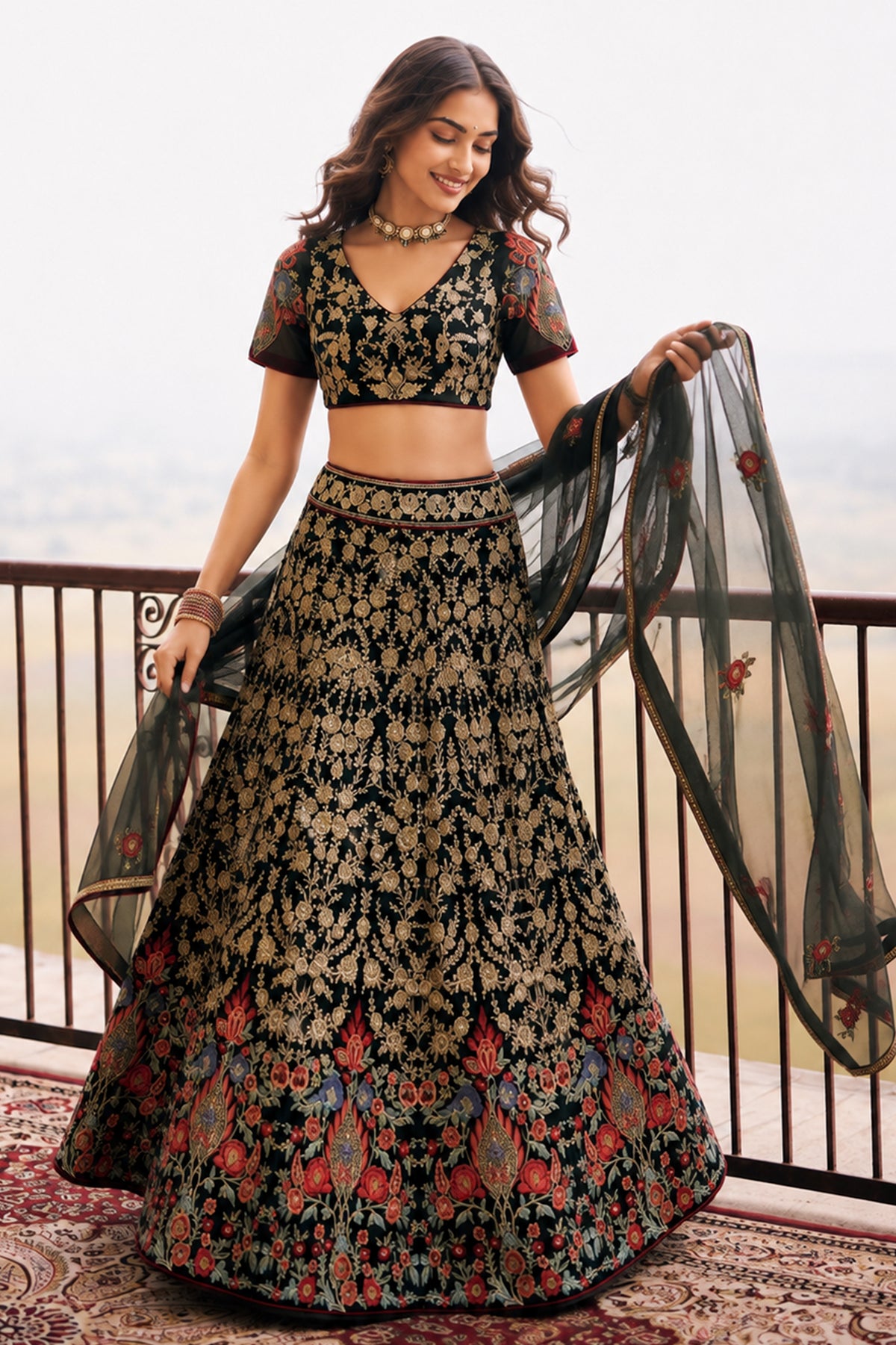 Black Semi Stitched Embroidered Net Lehenga-SAR13212_2_SareeButa.com