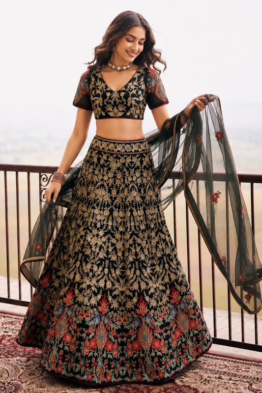 Black Semi Stitched Embroidered Net Lehenga-SAR13212_2_SareeButa.com
