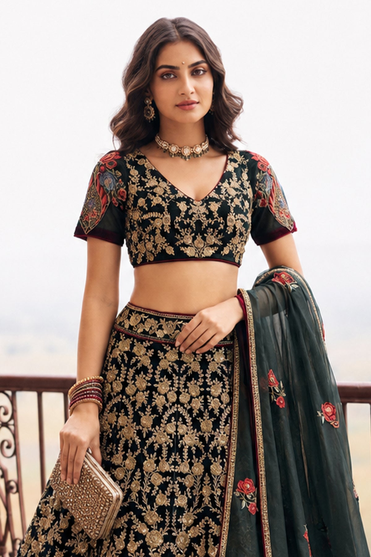Black Semi Stitched Embroidered Net Lehenga-SAR13212_4_SareeButa.com