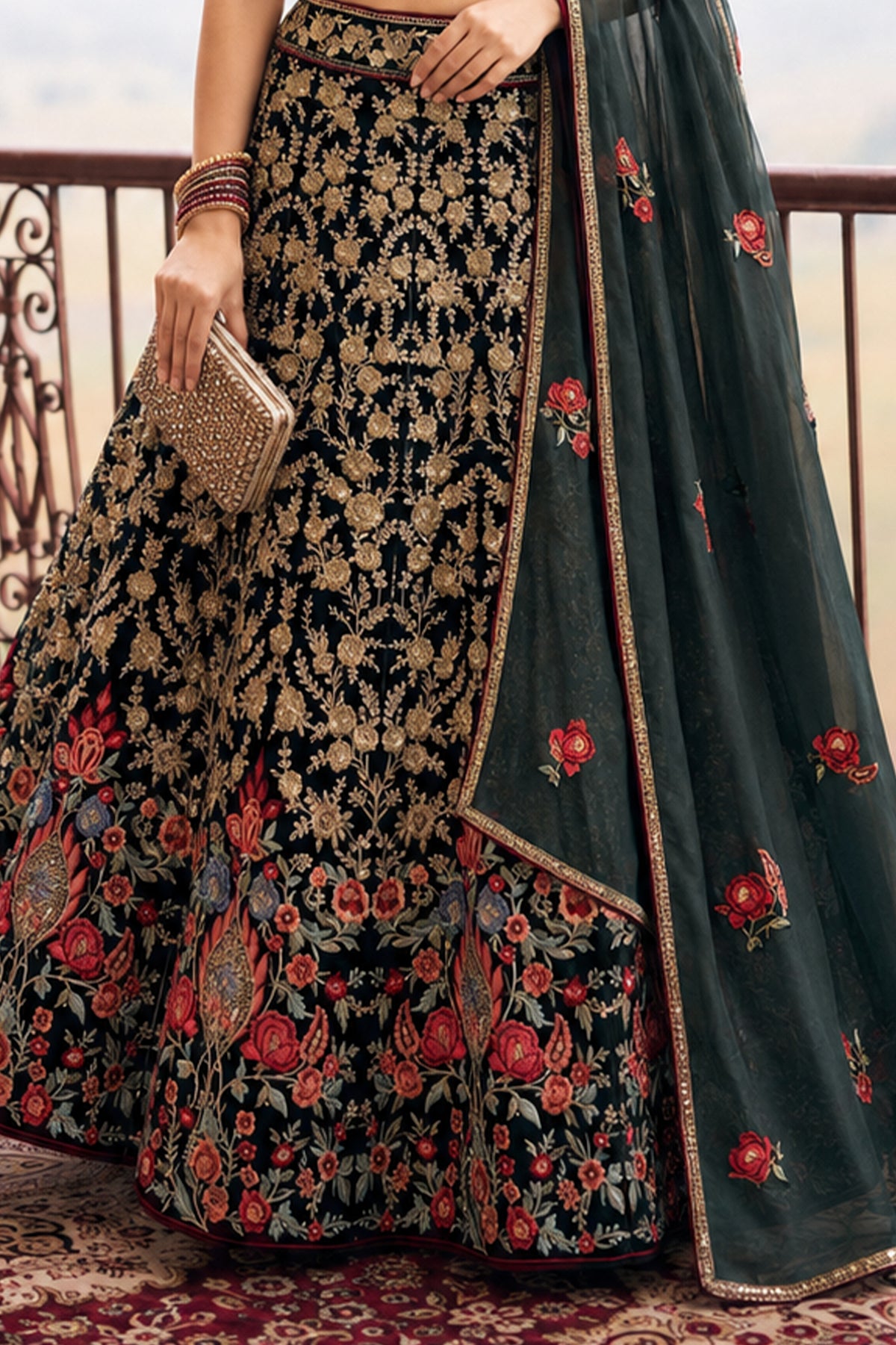 Black Semi Stitched Embroidered Net Lehenga-SAR13212_5_SareeButa.com