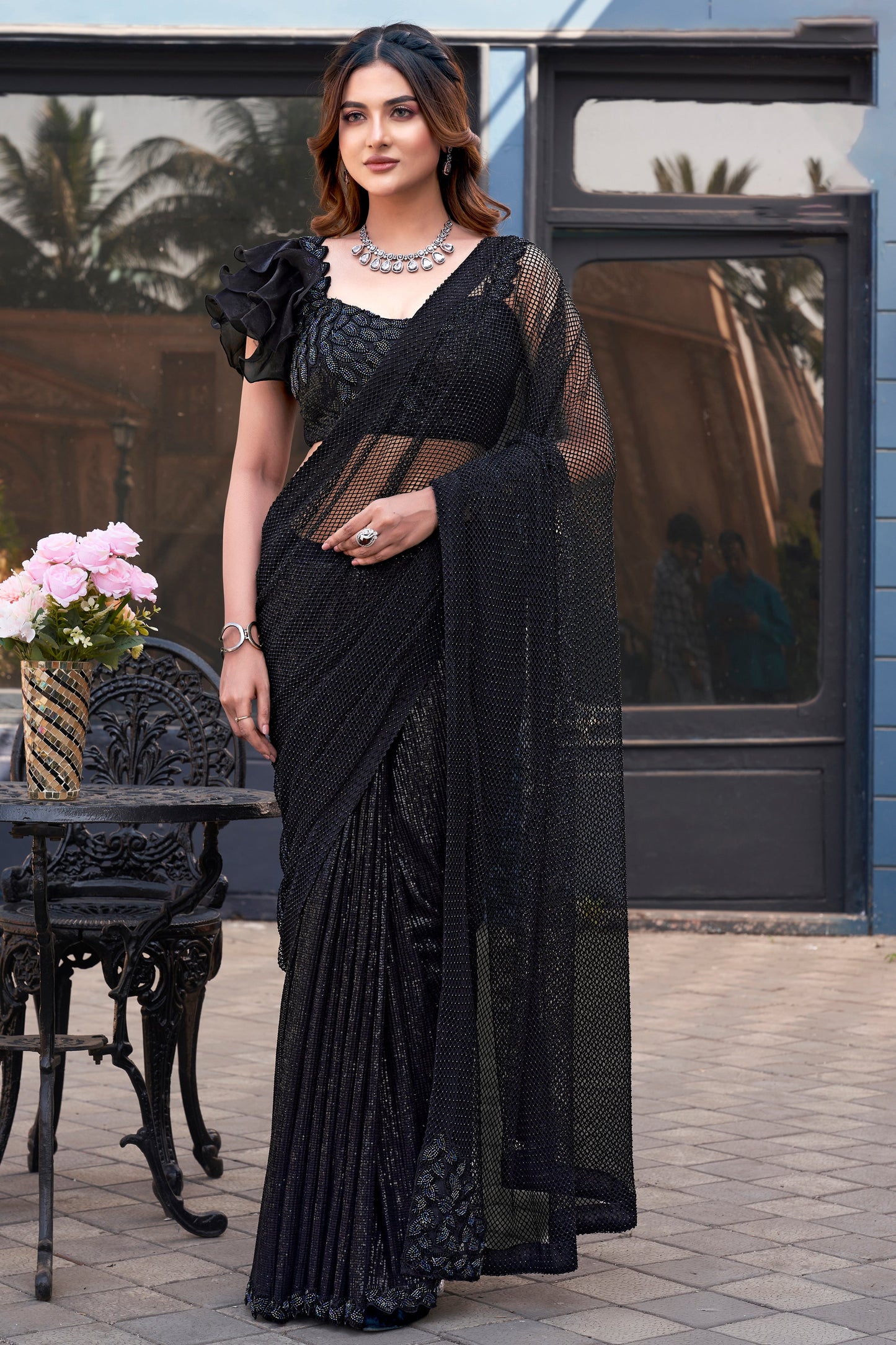 Black Tulle Net Saree with Readymade Blouse-ZB134395_1_SareeButa.com