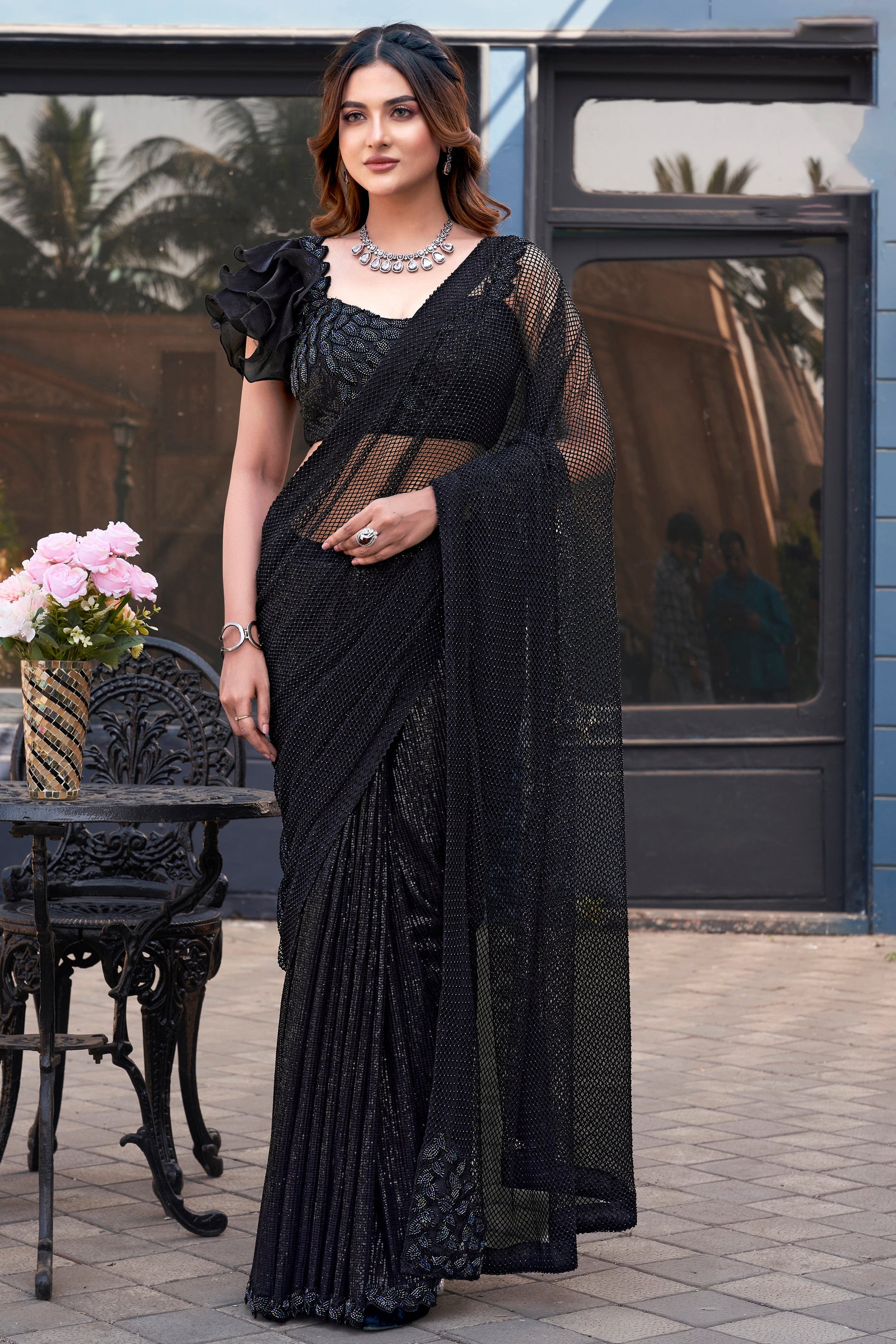 Black Tulle Net Saree with Readymade Blouse-ZB134395_1_SareeButa.com