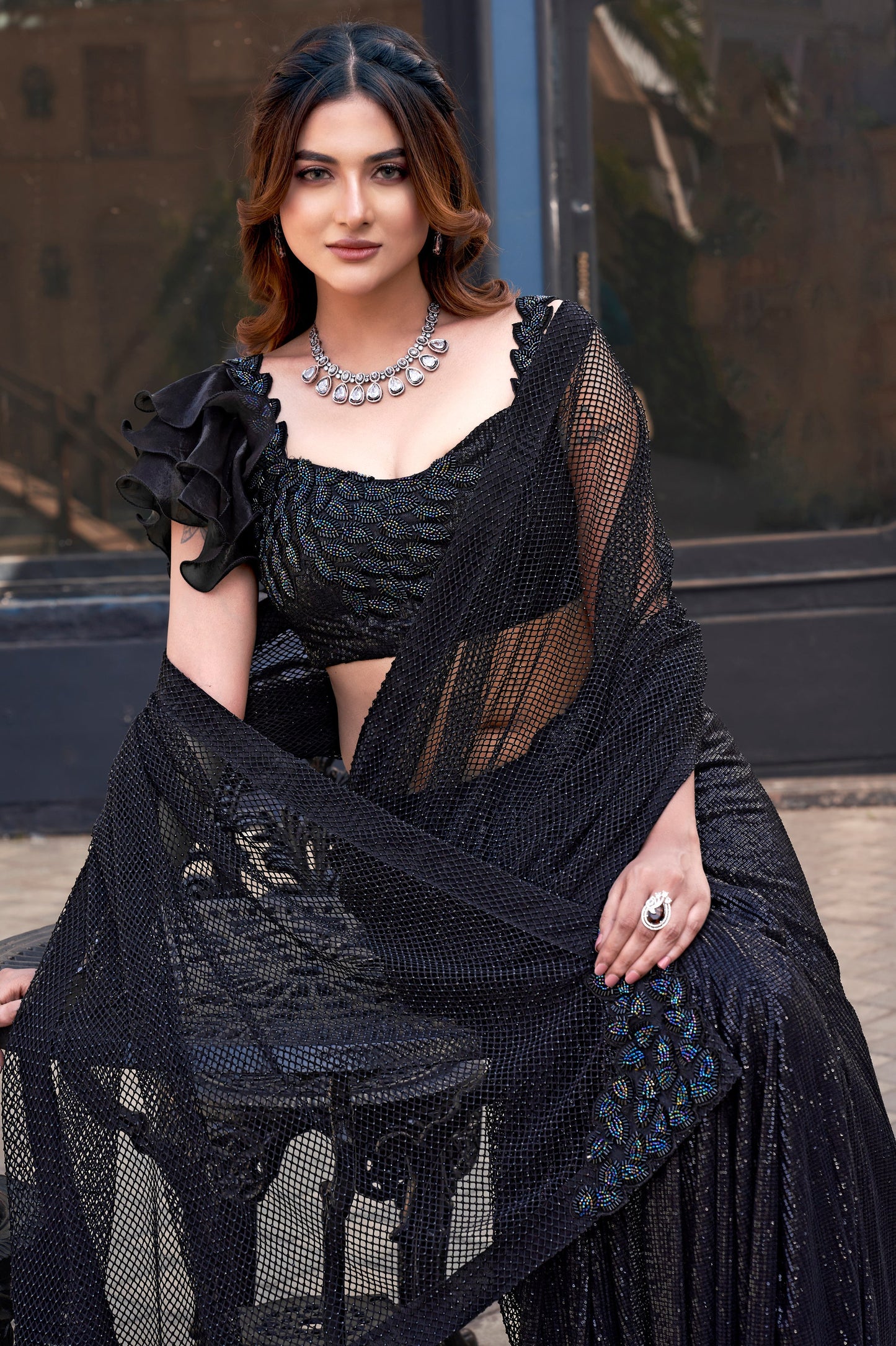 Black Tulle Net Saree with Readymade Blouse-ZB134395_2_SareeButa.com