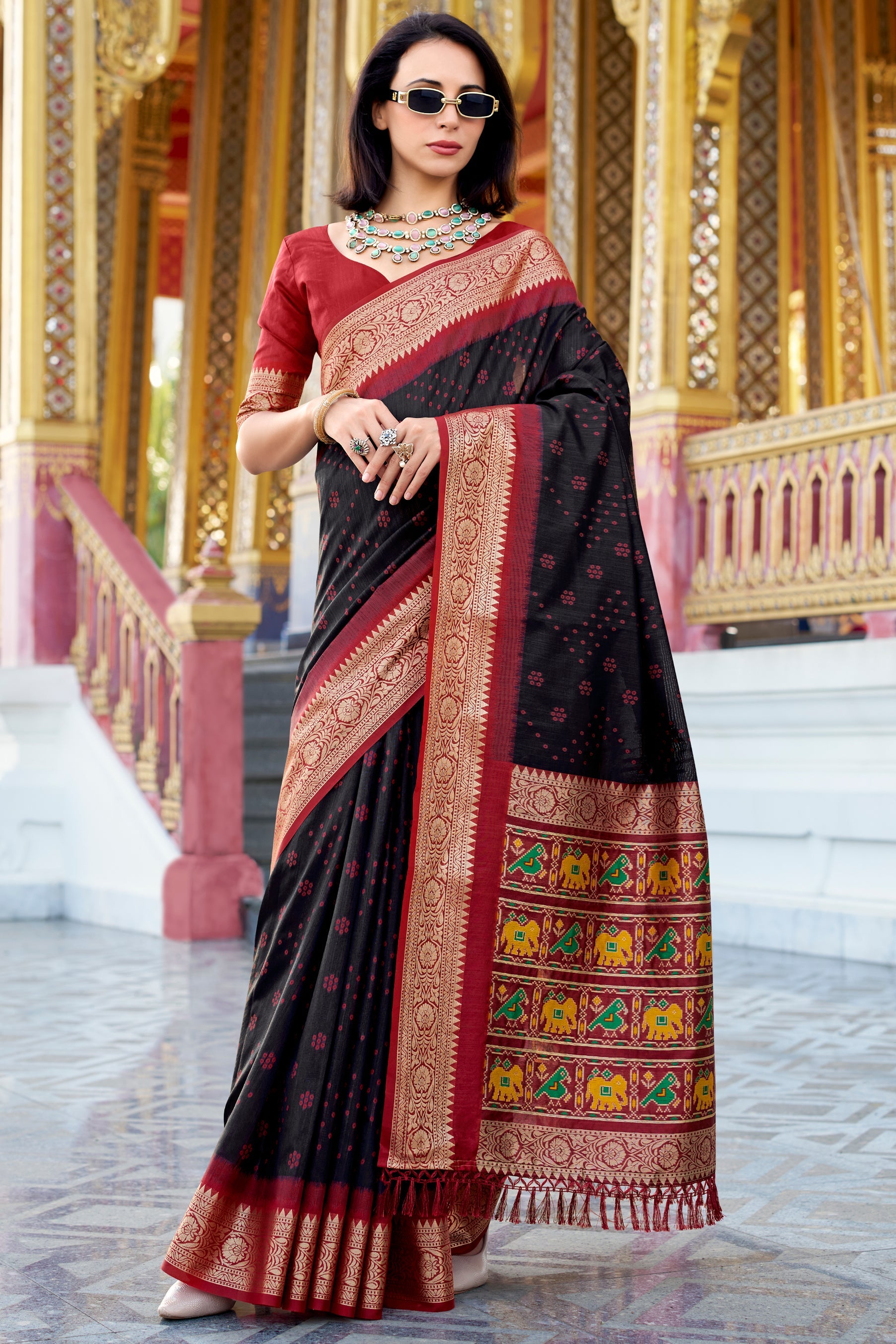 Black Tussar Silk Saree with Patola Pallu-ZB133783_1_SareeButa.com