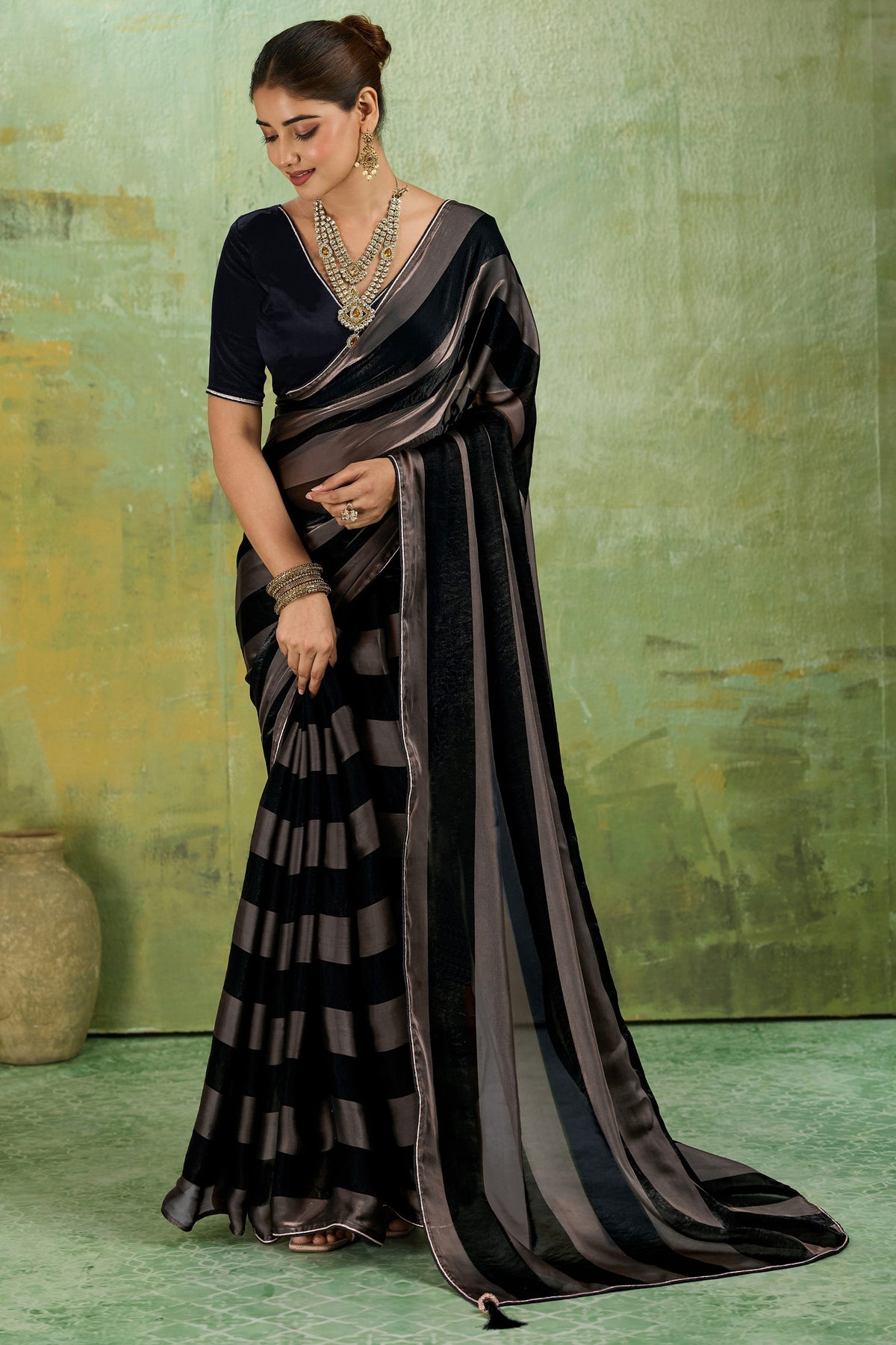 Black Velvet Satin Saree With Metallic Patta-SAR12945_1_SareeButa.com