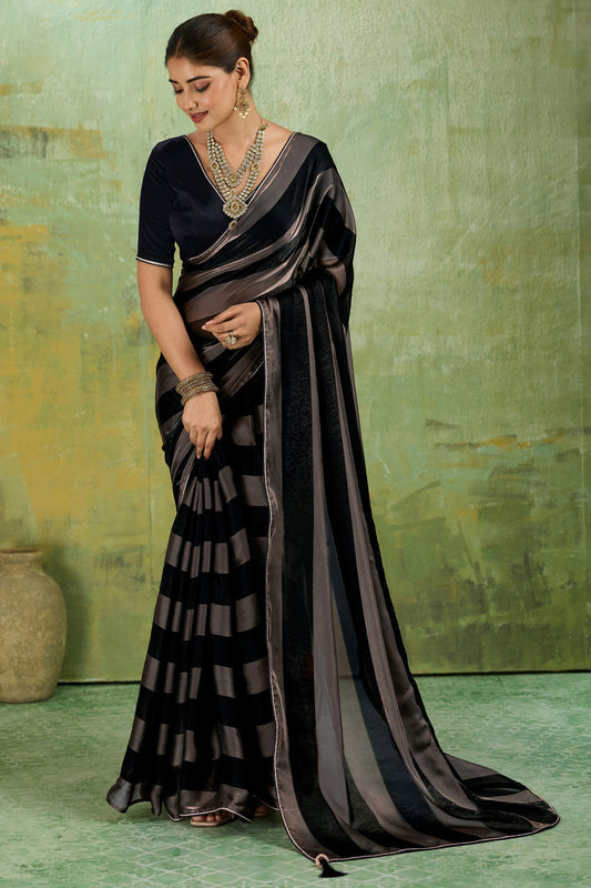 Black Velvet Satin Saree With Metallic Patta-SAR12945_1_SareeButa.com