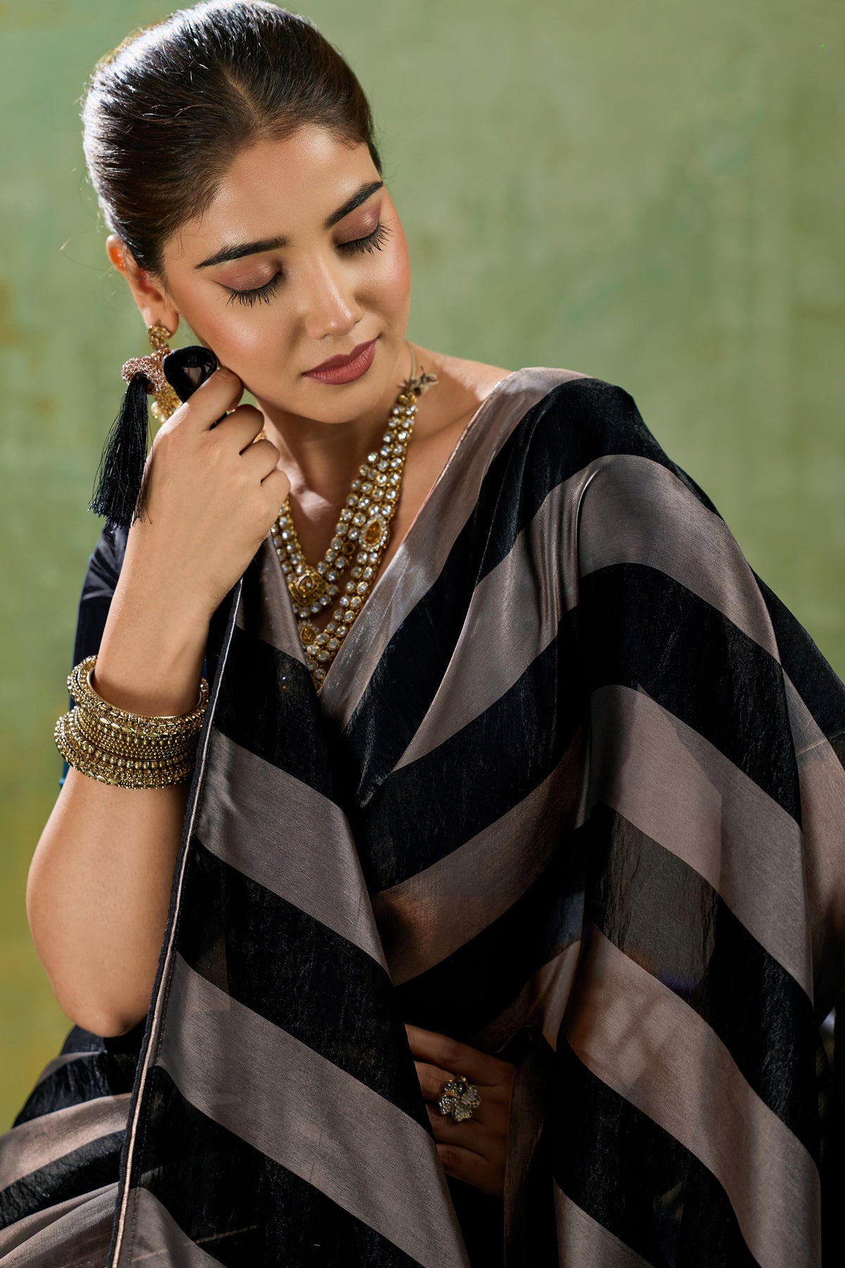 Black Velvet Satin Saree With Metallic Patta-SAR12945_2_SareeButa.com