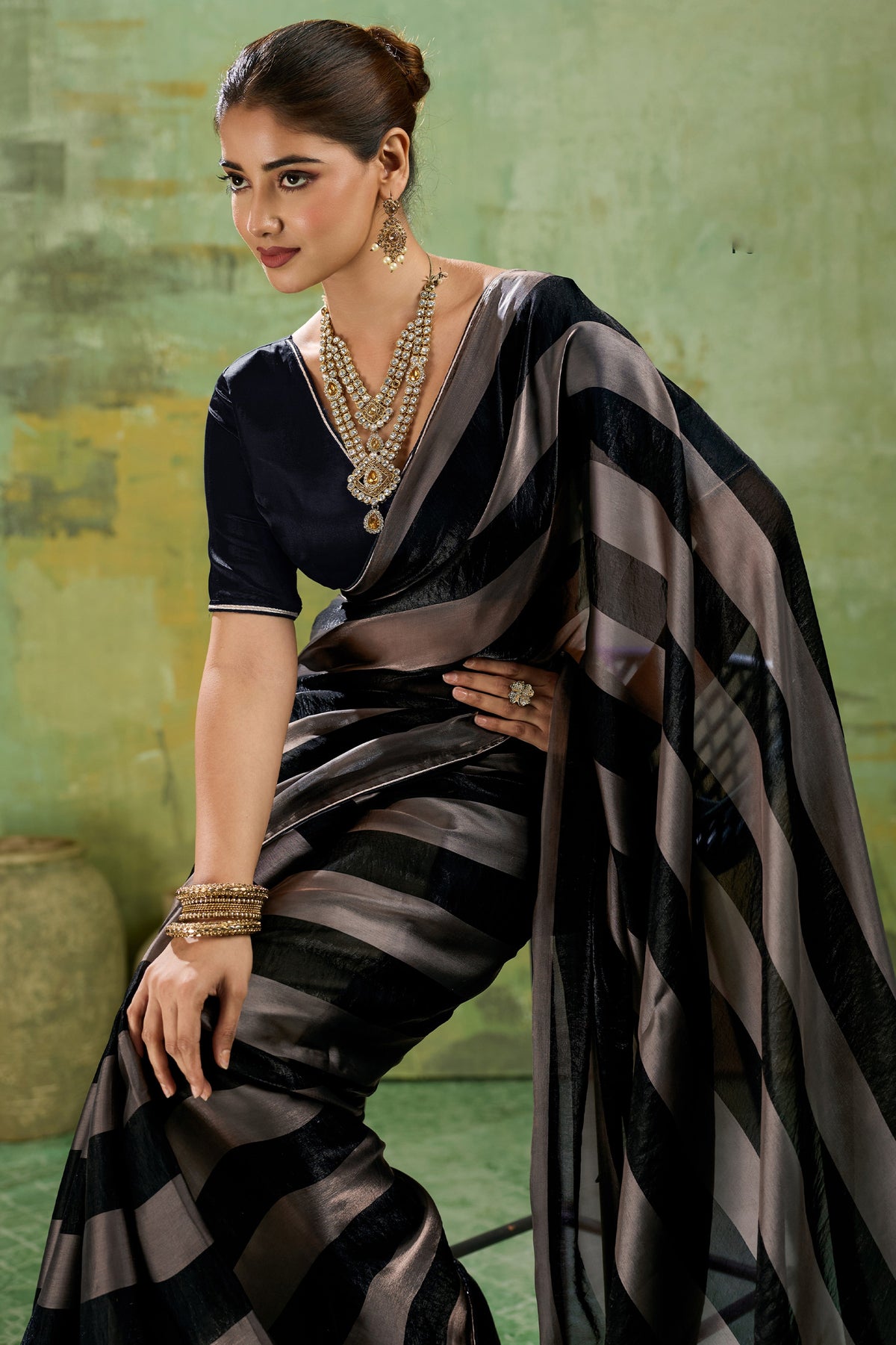Black Velvet Satin Saree With Metallic Patta-SAR12945_3_SareeButa.com