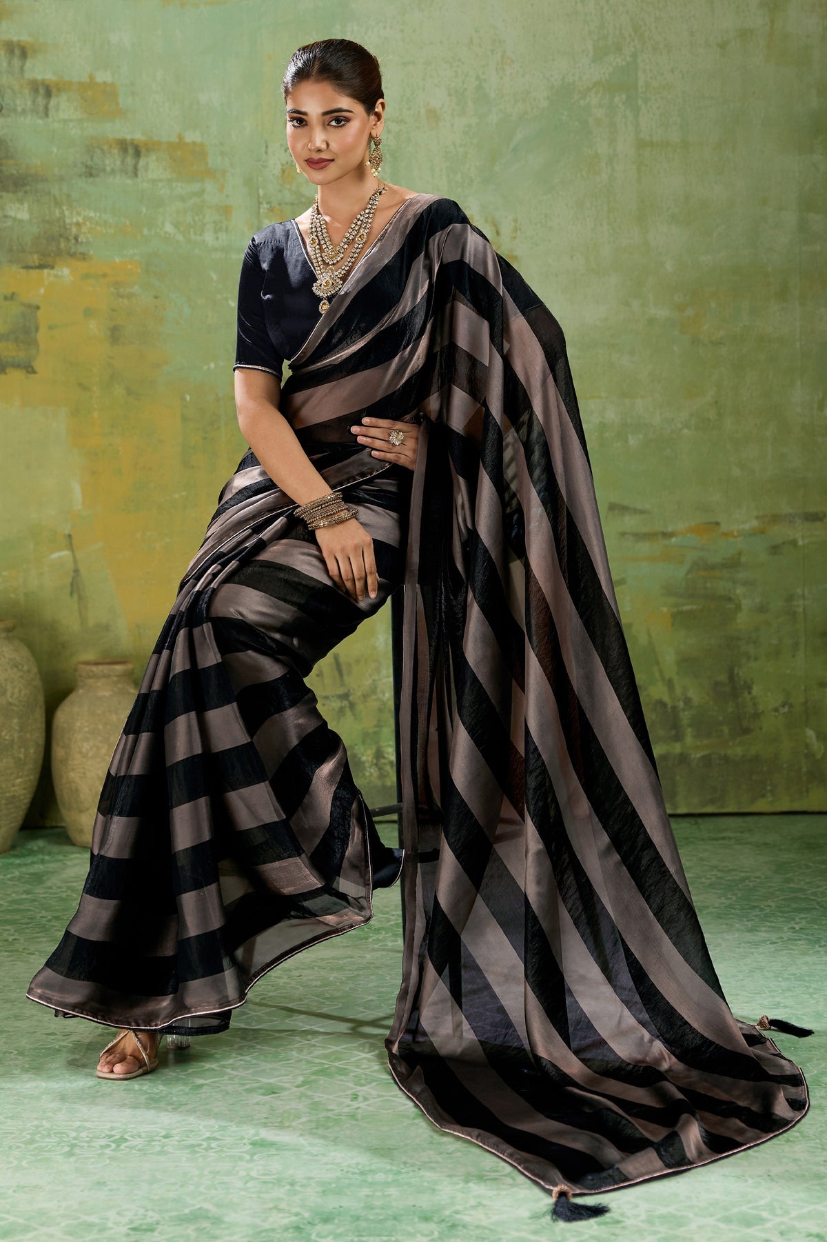 Black Velvet Satin Saree With Metallic Patta-SAR12945_4_SareeButa.com