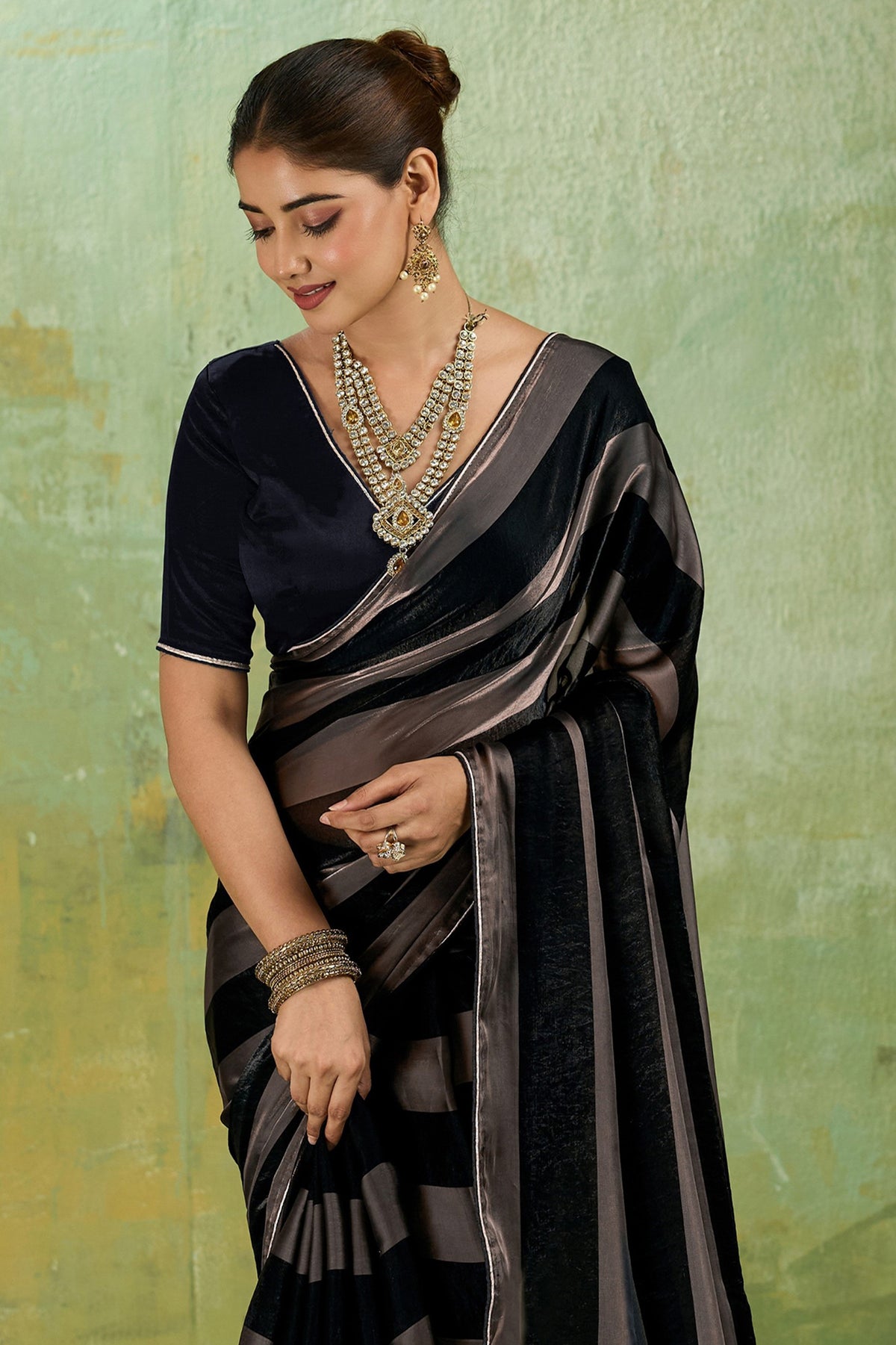 Black Velvet Satin Saree With Metallic Patta-SAR12945_5_SareeButa.com
