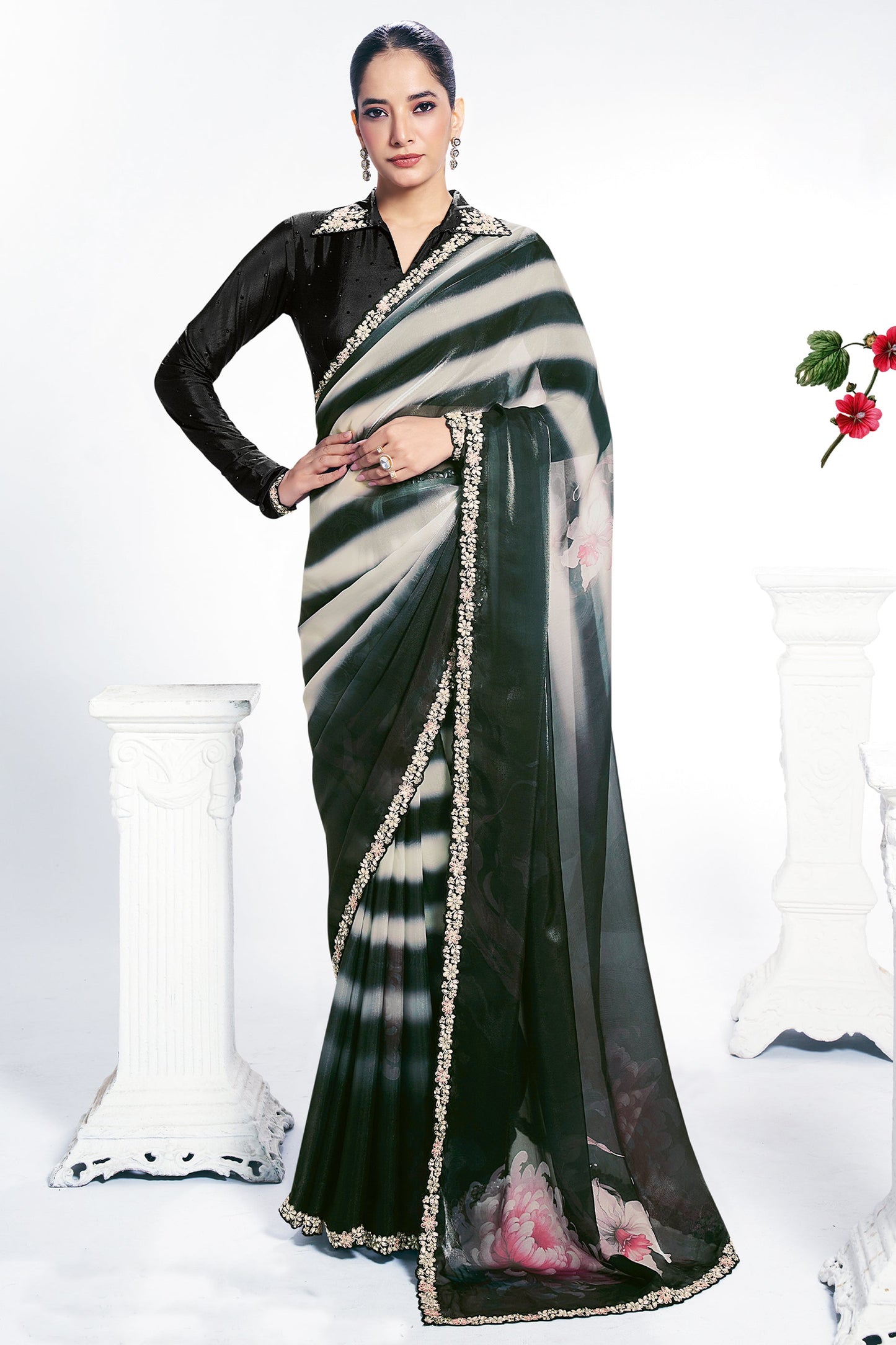 Black & White Digital Printed Satin Silk Saree-SAR10259_1_SareeButa.com