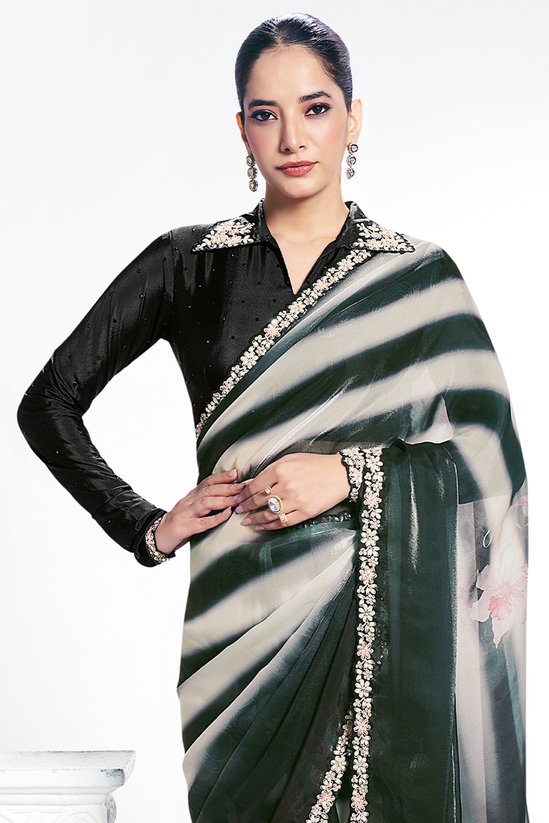 Black & White Digital Printed Satin Silk Saree-SAR10259_3_SareeButa.com
