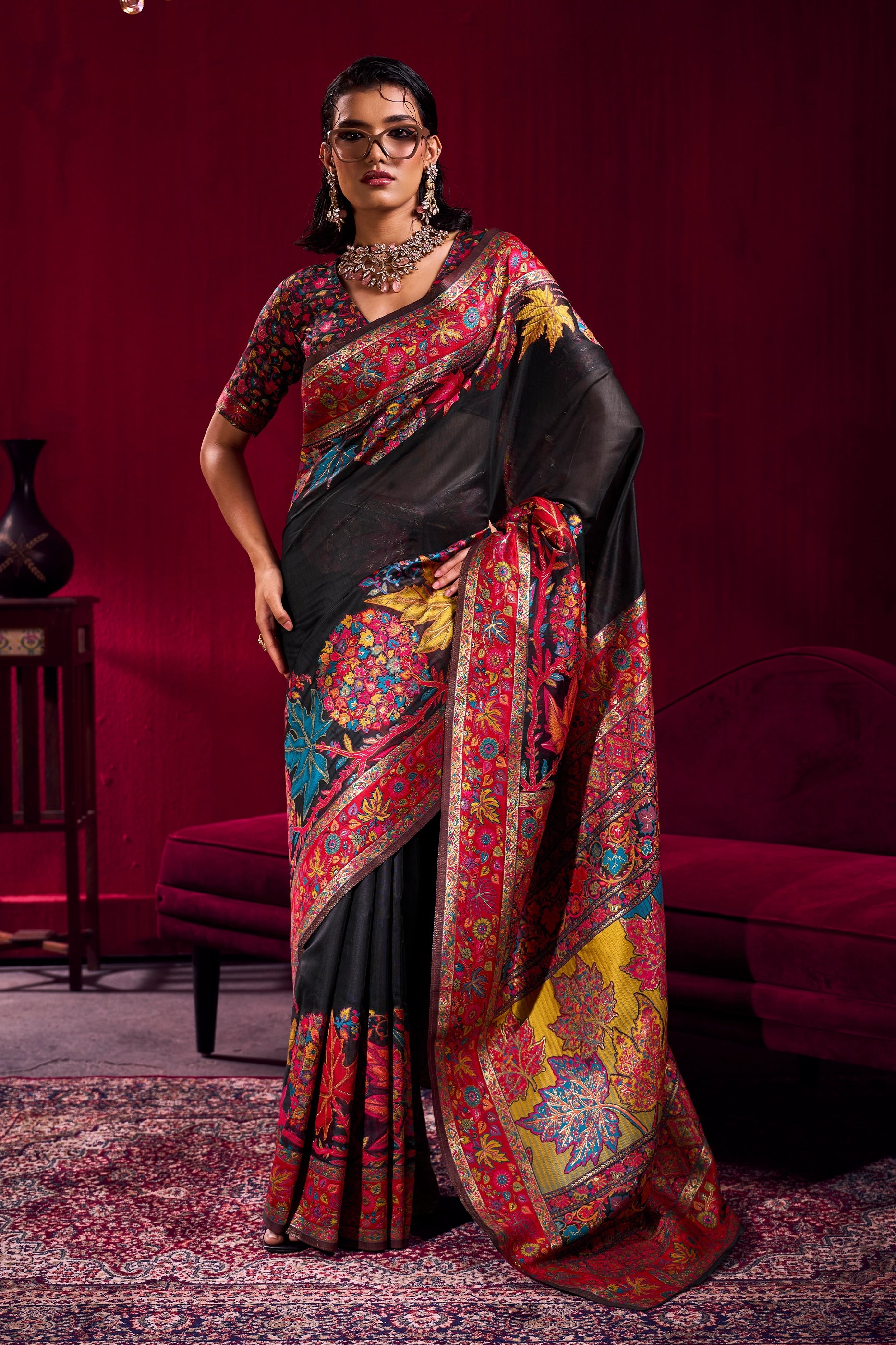 Black Woven Kashmiri Jamewar Modal Silk Saree-SAR12359_1_SareeButa.com