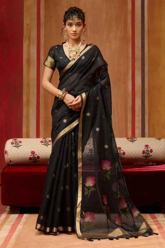 Black Woven Munga Cotton Saree-SAR11933_1_SareeButa.com