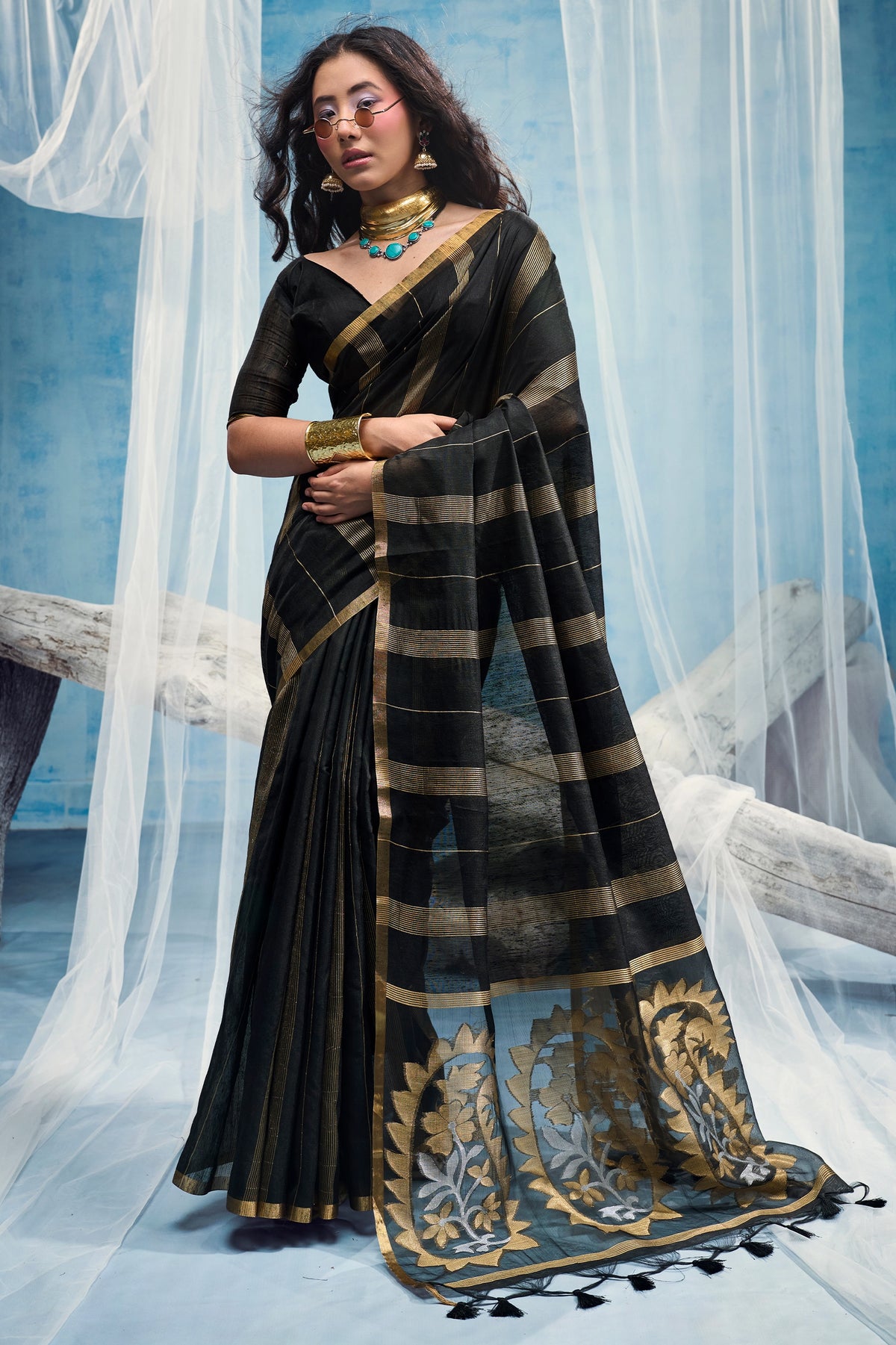 Black Woven Munga Cotton Saree-SAR12911_1_SareeButa.com