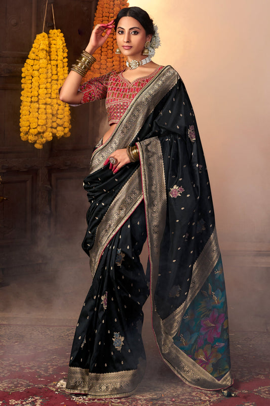 Black Woven Silk Saree With Lace Border-ZB134635_1_SareeButa.com