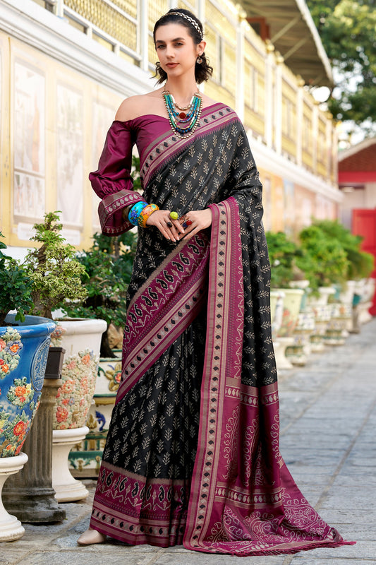 Black Woven Soft Ikat Silk Saree-SAR10029_1_SareeButa.com