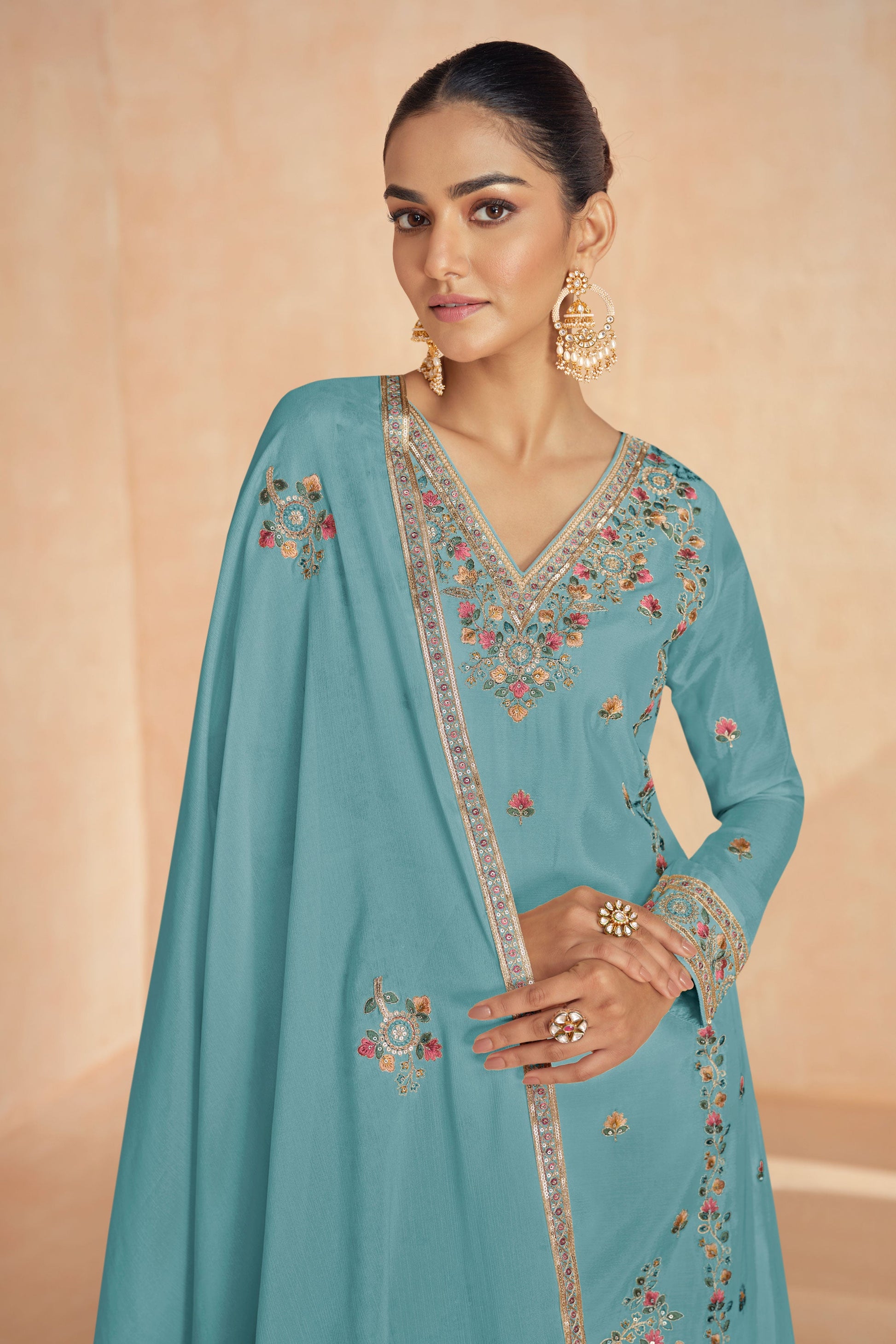 Blue Chinnon Readymade Pallazo Suit-SS078_2_SareeButa.com