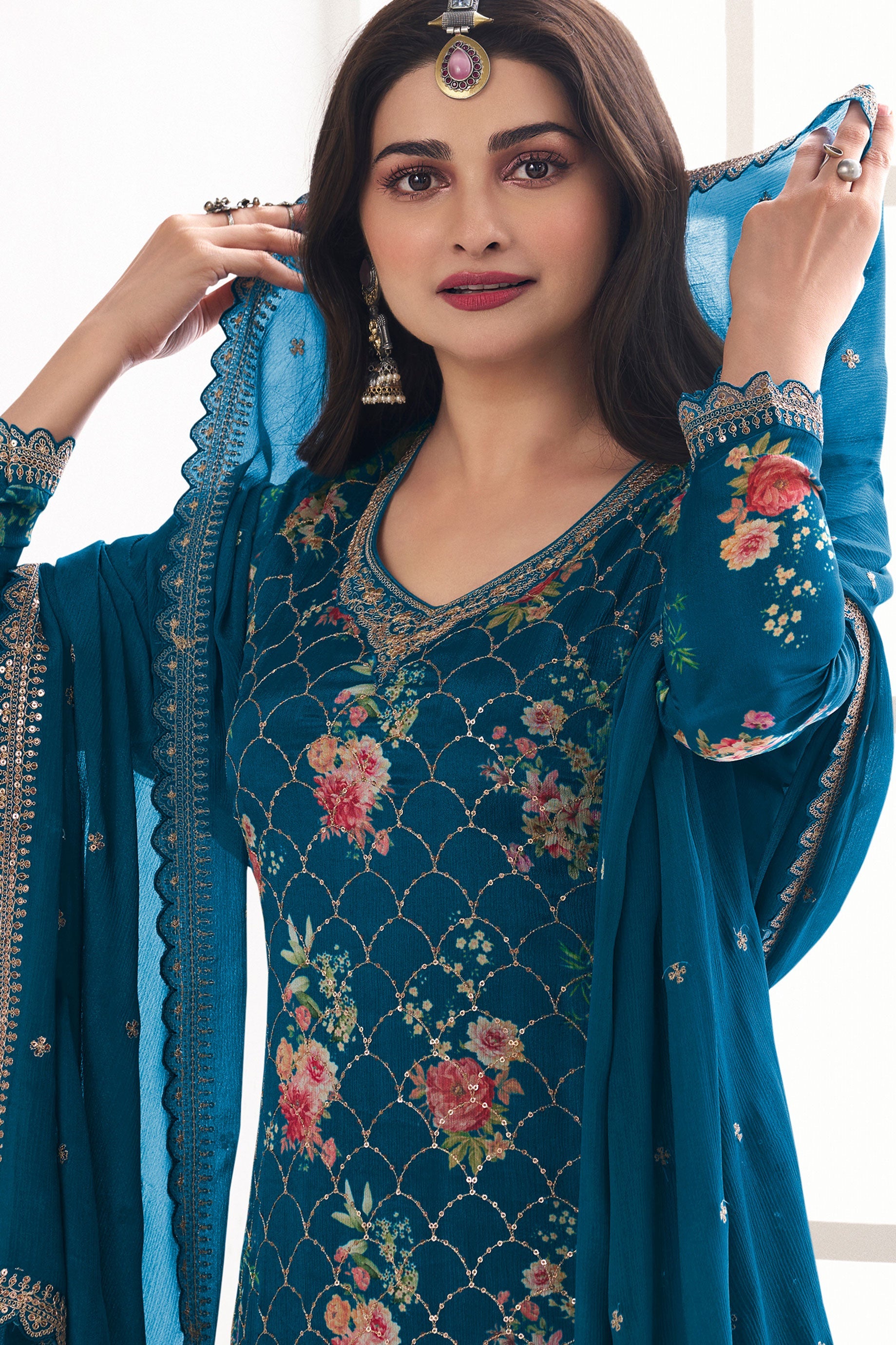 Blue Embroiderd Chinon Palazzo Suit-ZBSS100015_2