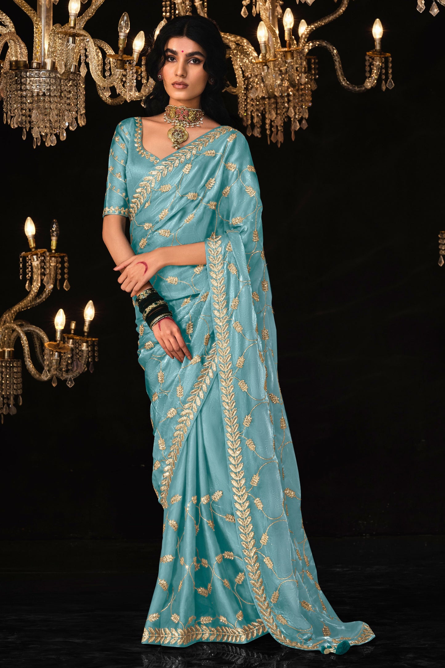 Blue Embroidered Organza Silk Saree-ZB131416_1