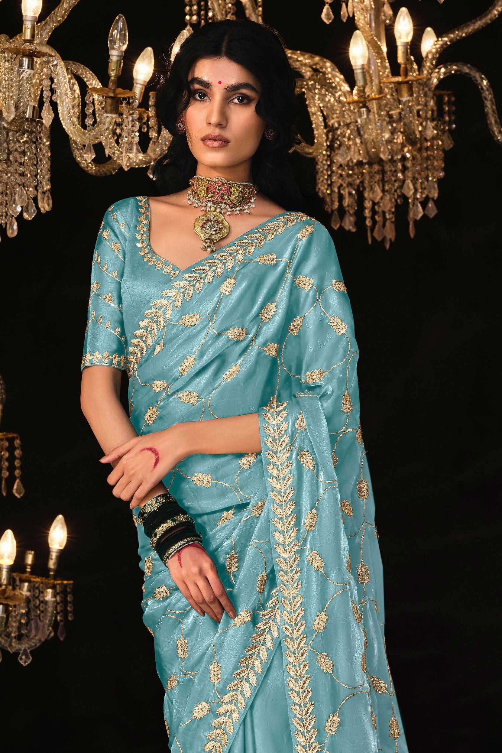 Blue Embroidered Organza Silk Saree-ZB131416_2