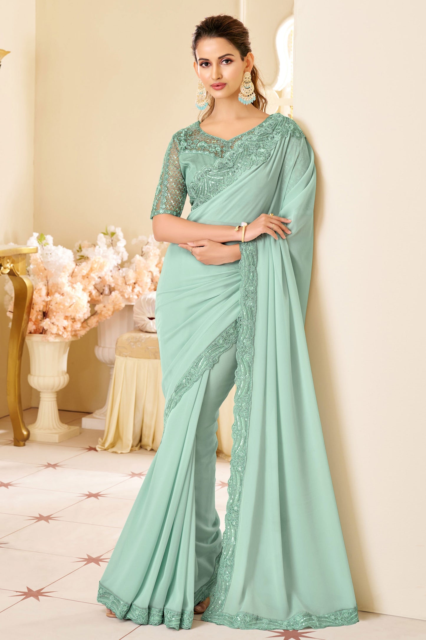 Blue Embroidered Shimmer Georgette Saree-ZB133556_1_SareeButa.com