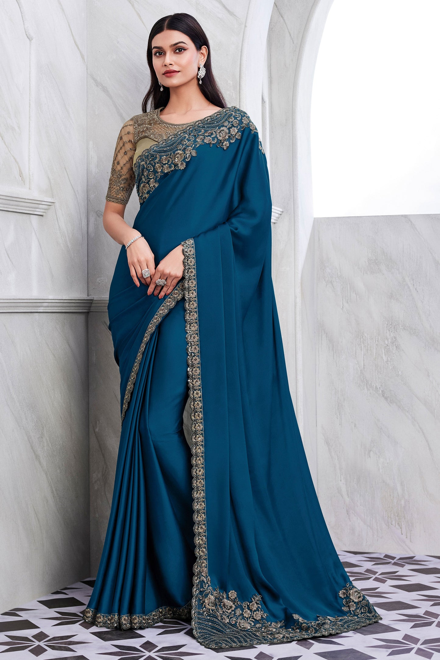 Blue Embroidered Silk Saree-ZB132291_1