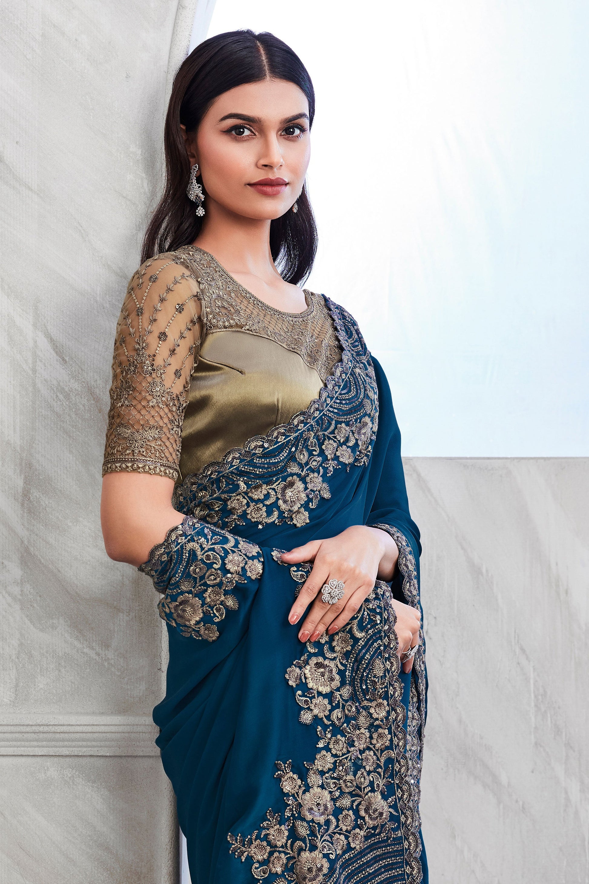 Blue Embroidered Silk Saree-ZB132291_2