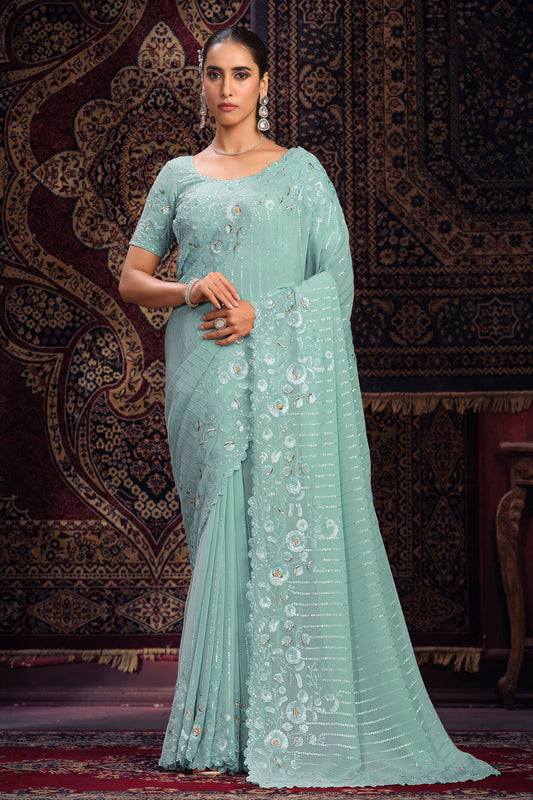 Blue Georgette Sequin Saree-ZB131777_1