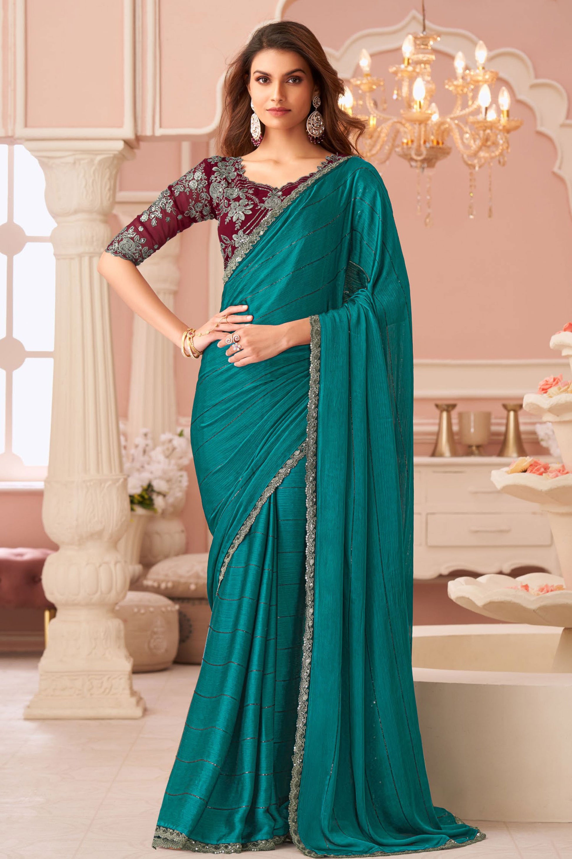 Blue Green Embroidered Satin Saree-ZB133971_1_SareeButa.com