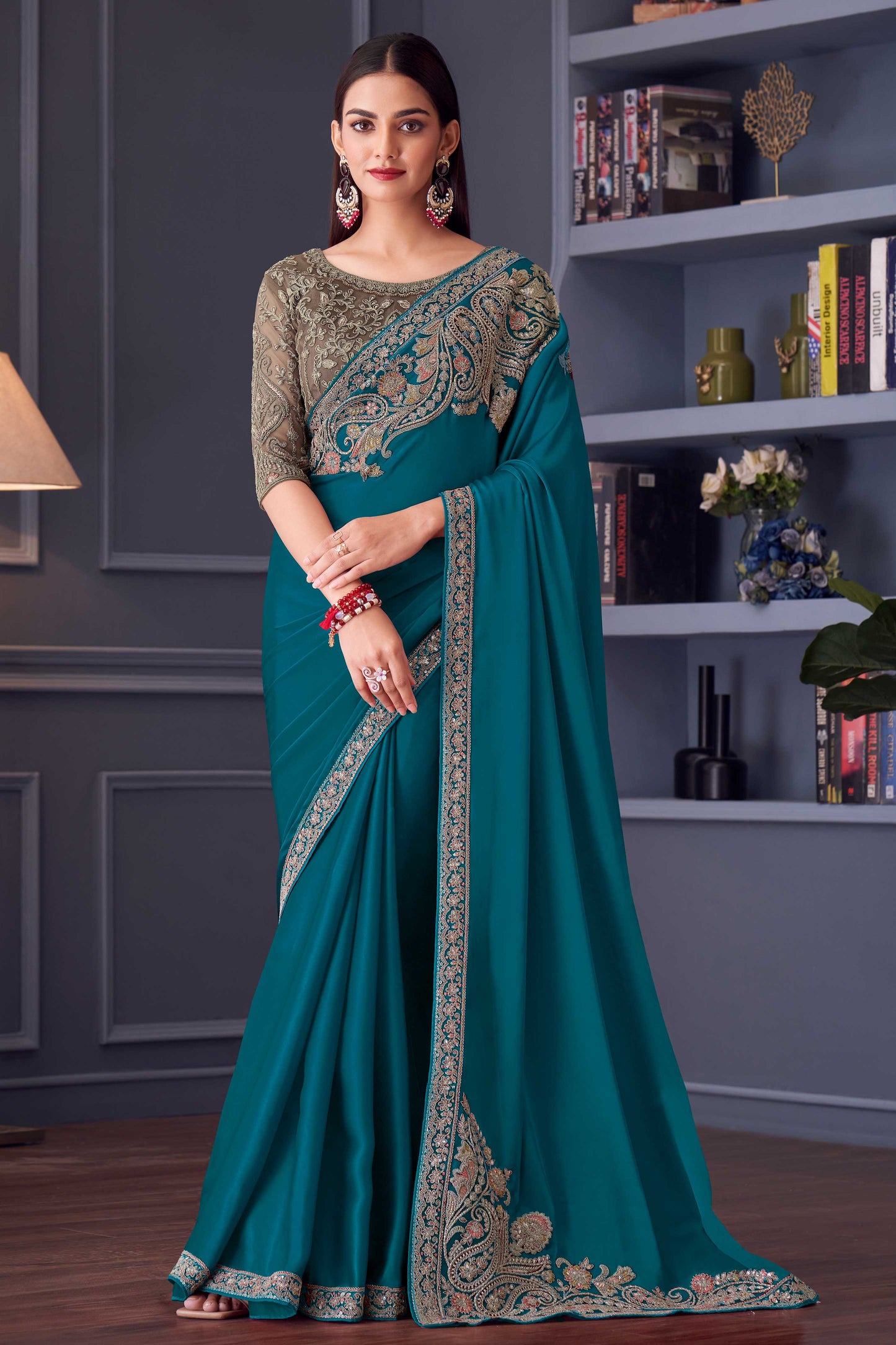 Blue Green Embroidered Satin Silk Saree-ZB133650_1_SareeButa.com