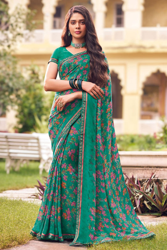 Blue Green Printed Georgette Saree-ZB133250_1_SareeButa.com