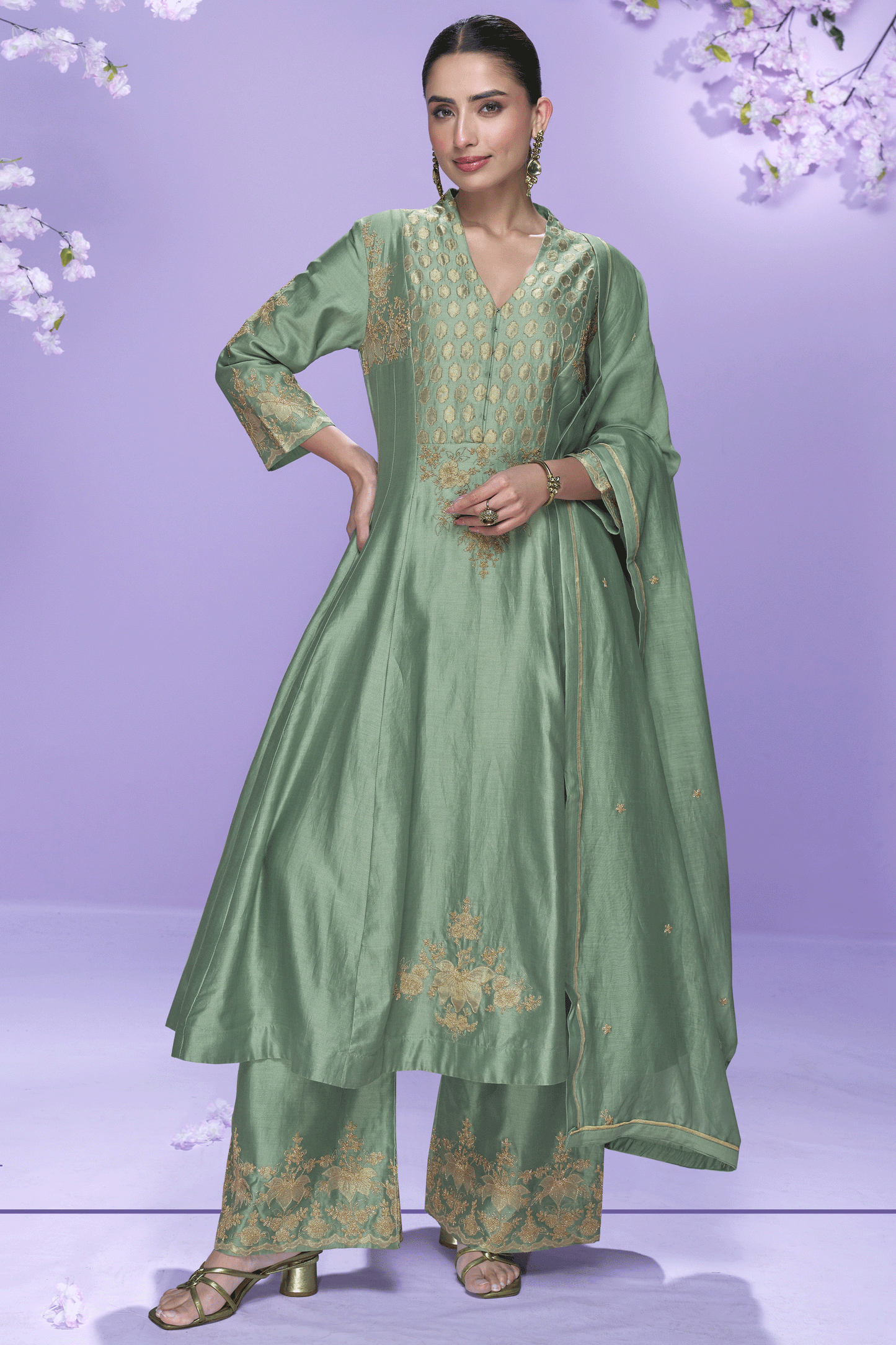 Blue Green Readymade Embroidered A-Line Silk Suit-SS765_1_SareeButa.com