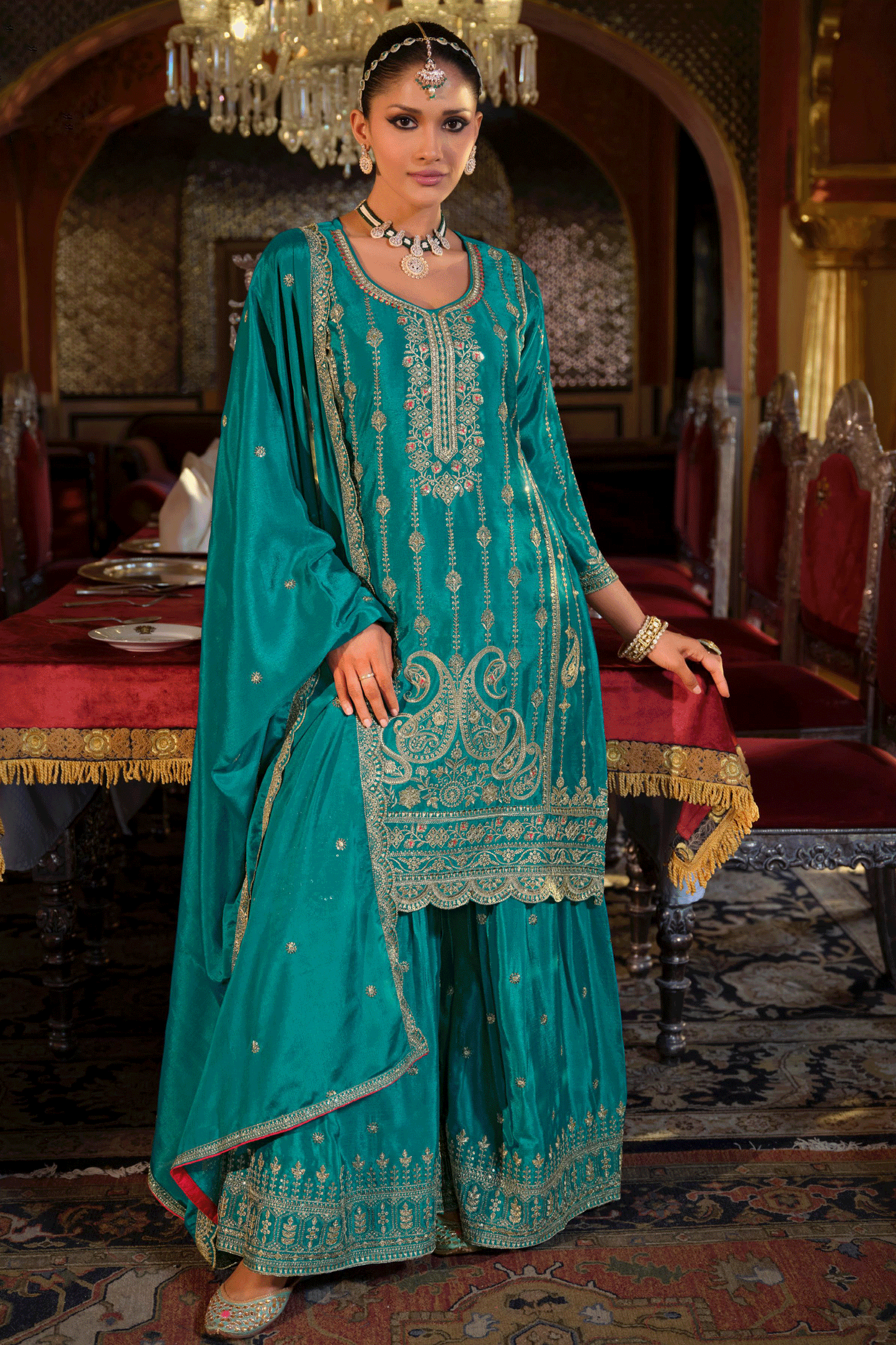 Blue Green Readymade Embroidered Chinon Palazzo Suit-SS820_1_SareeButa.com