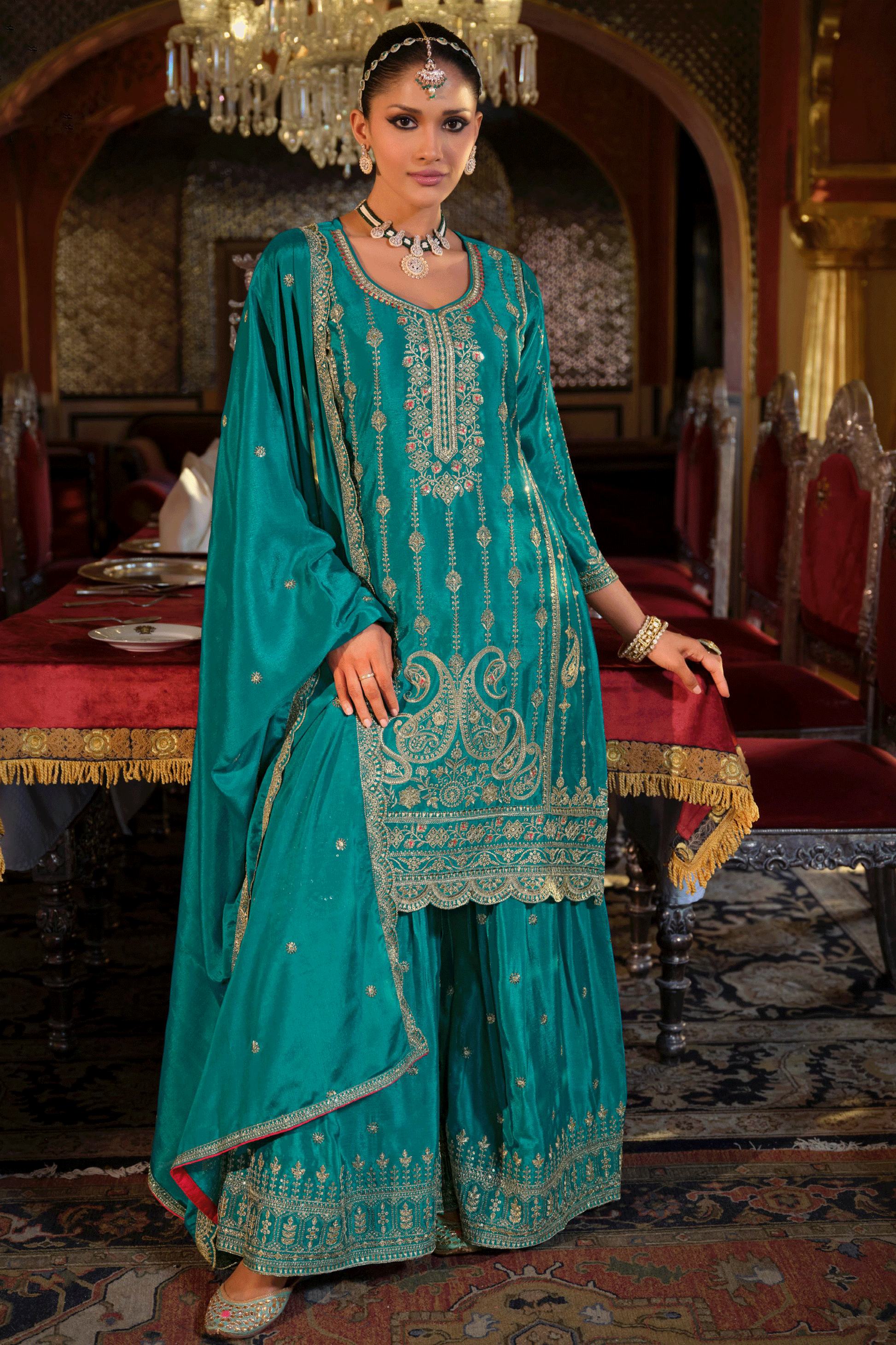 Blue Green Readymade Embroidered Chinon Palazzo Suit-SS820_1_SareeButa.com