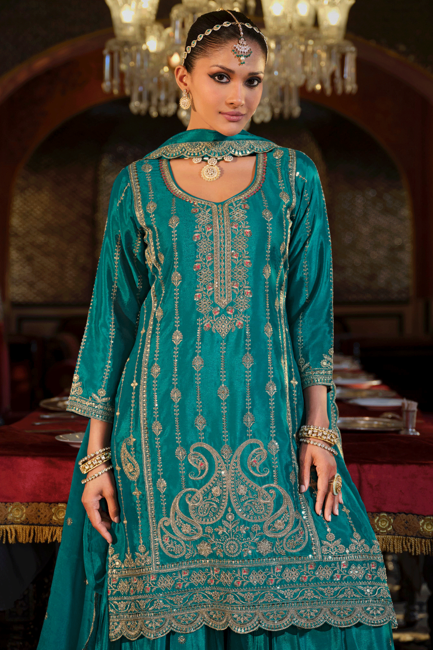 Blue Green Readymade Embroidered Chinon Palazzo Suit-SS820_2_SareeButa.com