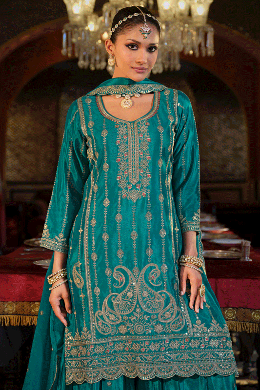 Blue Green Readymade Embroidered Chinon Palazzo Suit-SS820_2_SareeButa.com