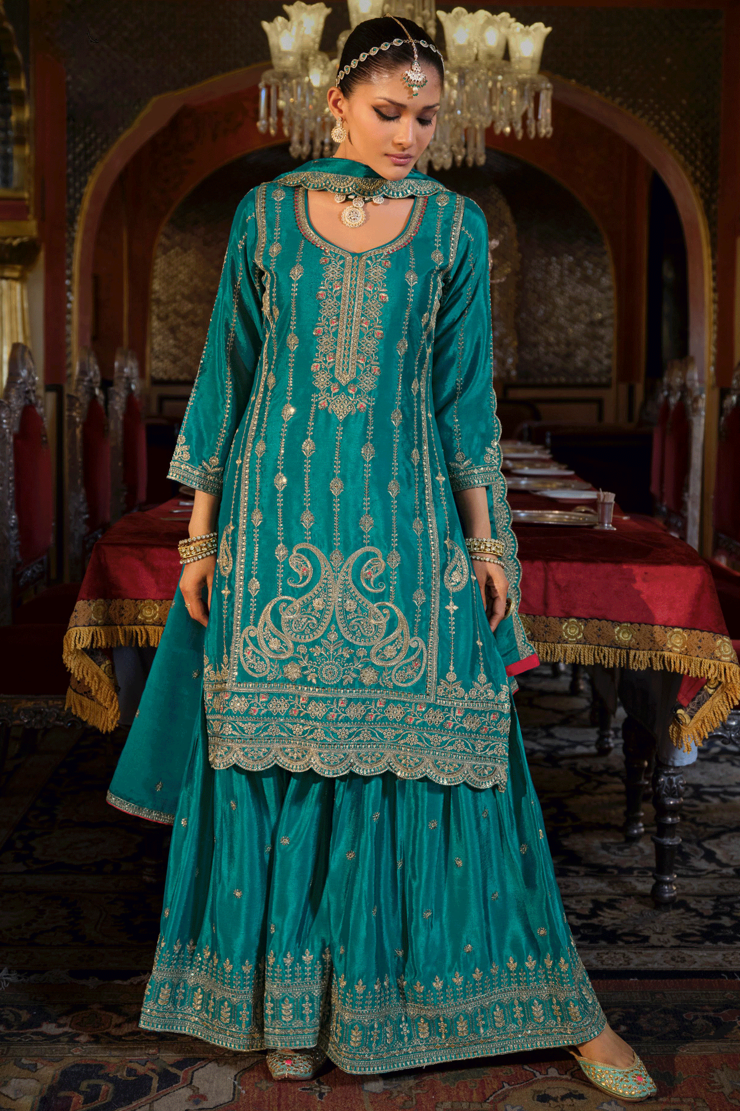 Blue Green Readymade Embroidered Chinon Palazzo Suit-SS820_3_SareeButa.com