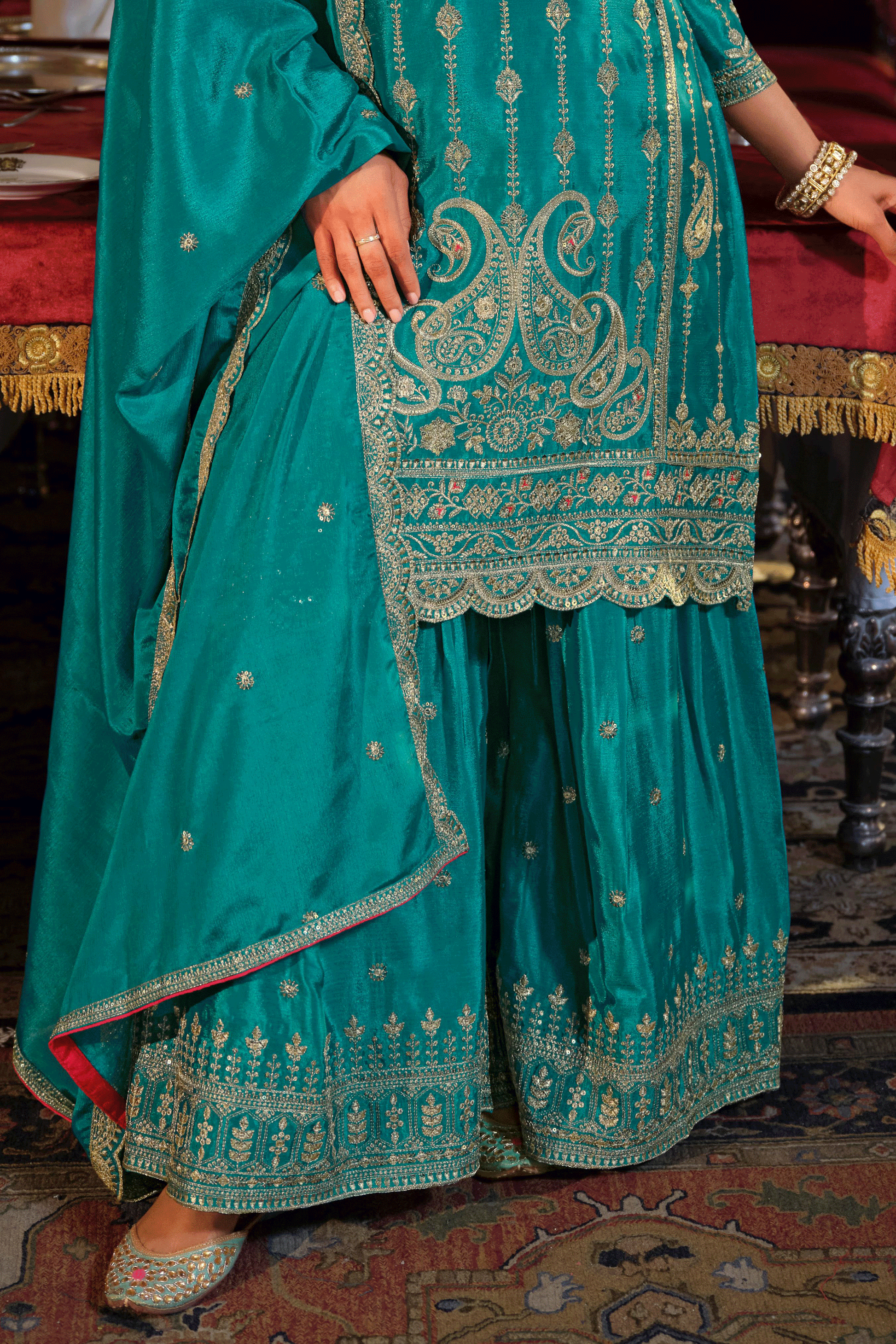Blue Green Readymade Embroidered Chinon Palazzo Suit-SS820_4_SareeButa.com