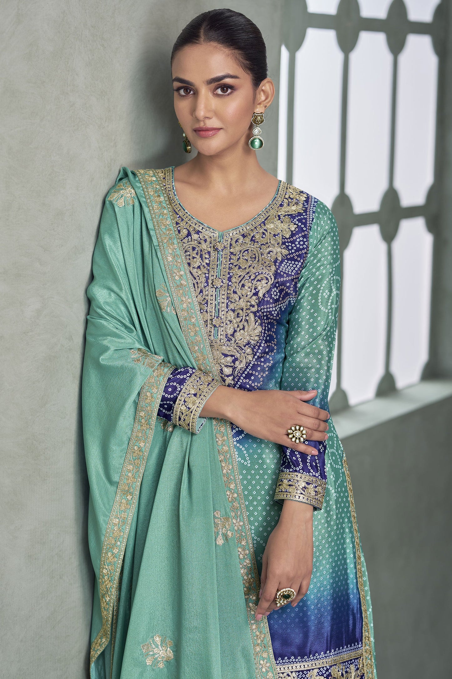 Blue Green Readymade Embroidered Chinon Silk Suit-SS922_2_SareeButa.com