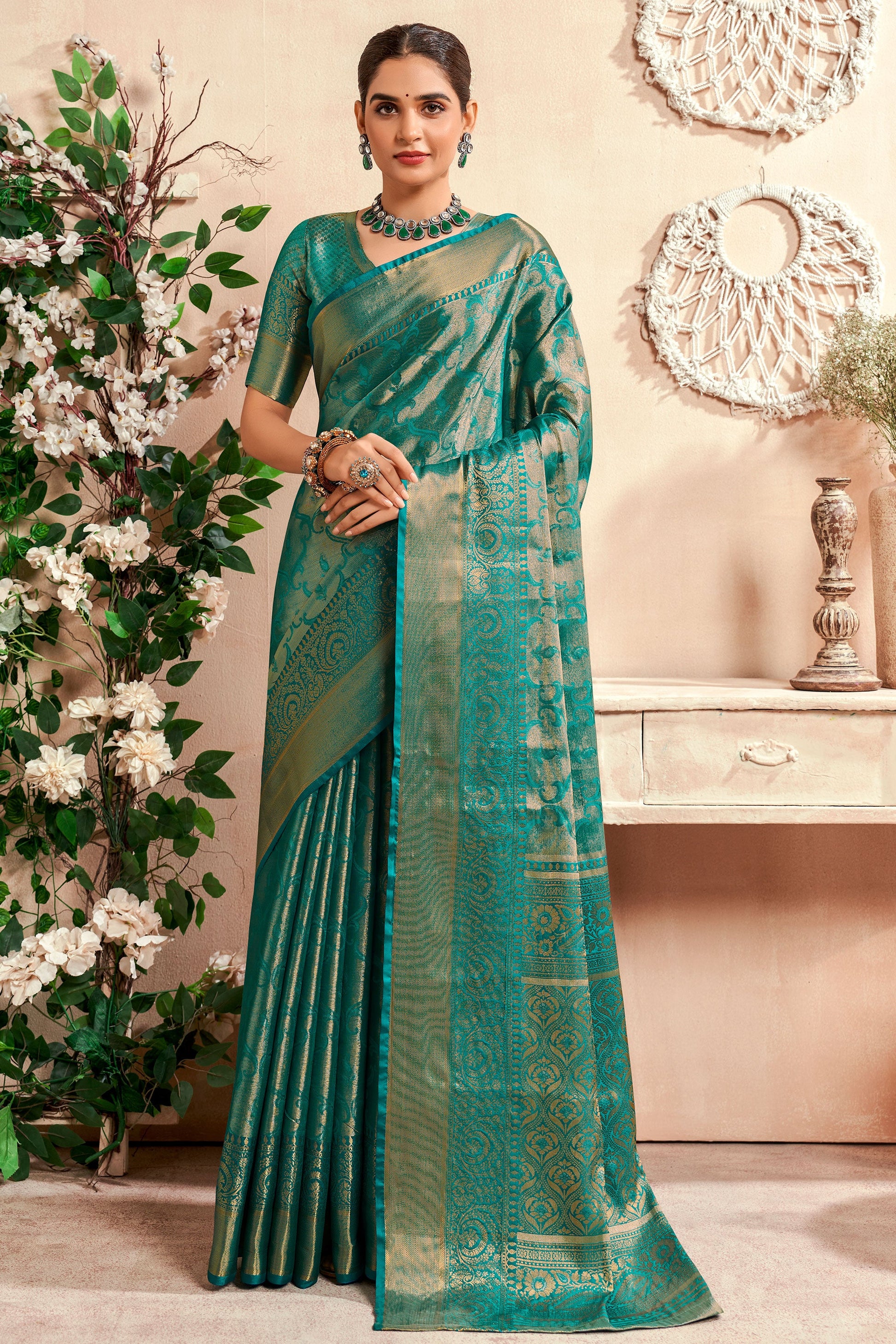 Blue Green Zari Work Silk Saree-ZB133062_1_SareeButa.com