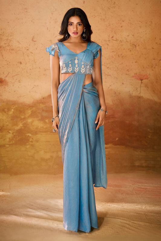 Blue Organza Readymade Saree-ZB133484_1_SareeButa.com