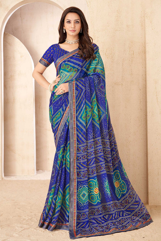 Blue Printed Chiffon Bandhani Saree-ZB134674_1_SareeButa.com