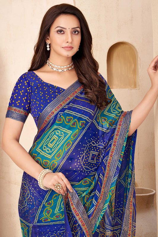 Blue Printed Chiffon Bandhani Saree-ZB134674_2_SareeButa.com