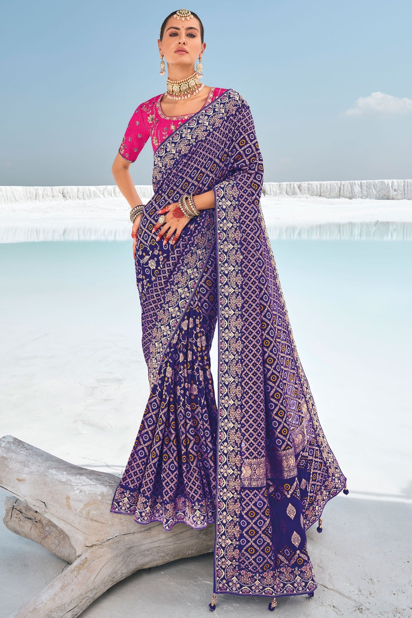 Blue Pure Georgette Patola Bandhani Fusion Saree-ZB133232_1_SareeButa.com