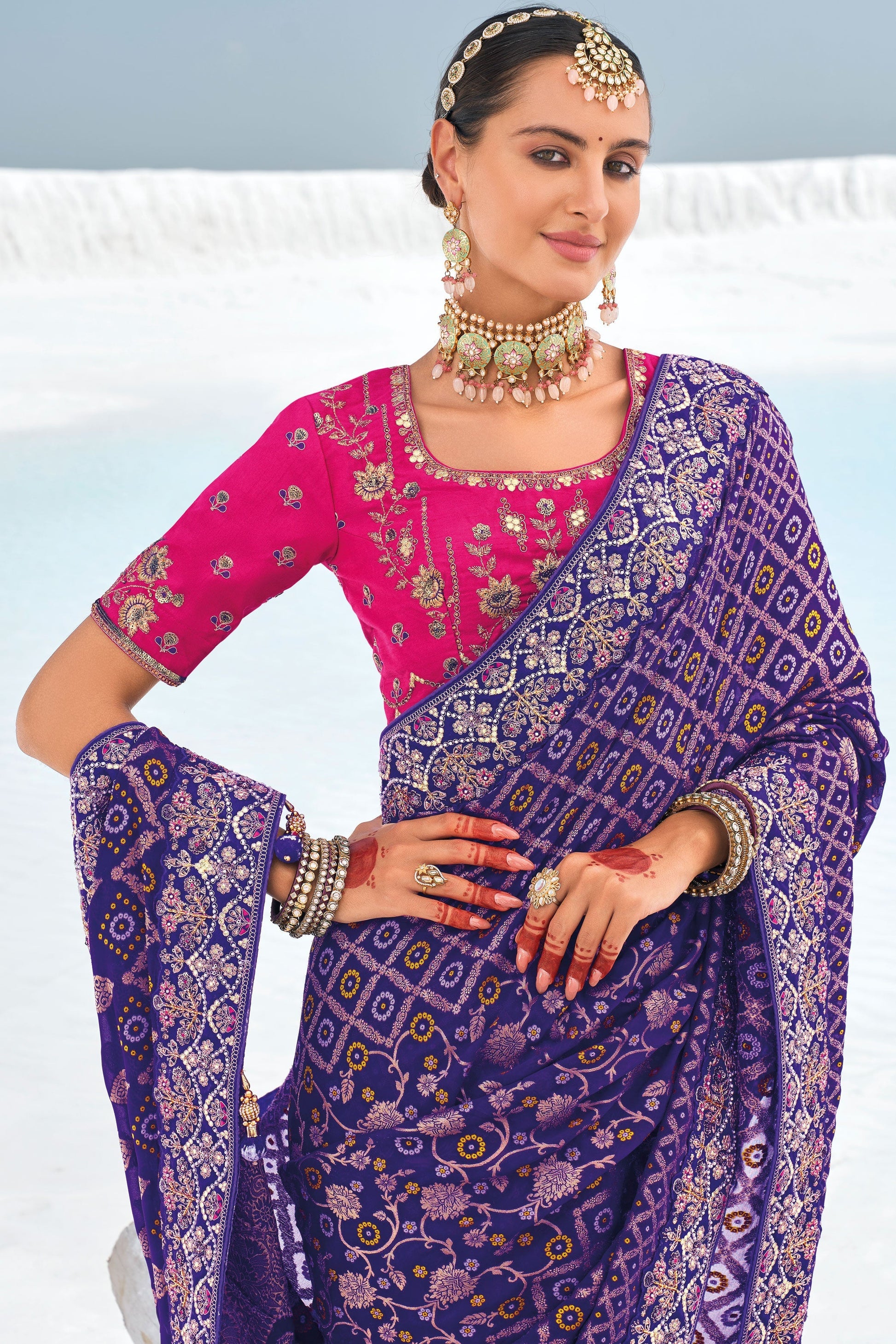 Blue Pure Georgette Patola Bandhani Fusion Saree-ZB133232_2_SareeButa.com